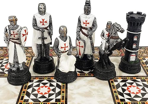 Miniatura 7 de Medieval Times Crusades Warrior - Juego de ajedrez rojo y blanco con tablero de diseño de mosaico de 17 pulgadas