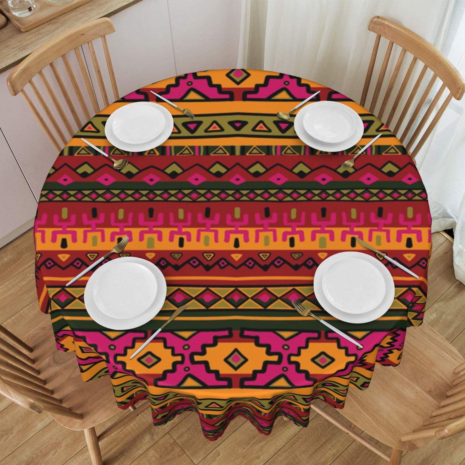 DCEHGEW 60 In Round Tablecloth with Lace, Mexican Folk Art Boho Printed Oilproof & Washable Fabric Picnic Table Cloth Table Covers