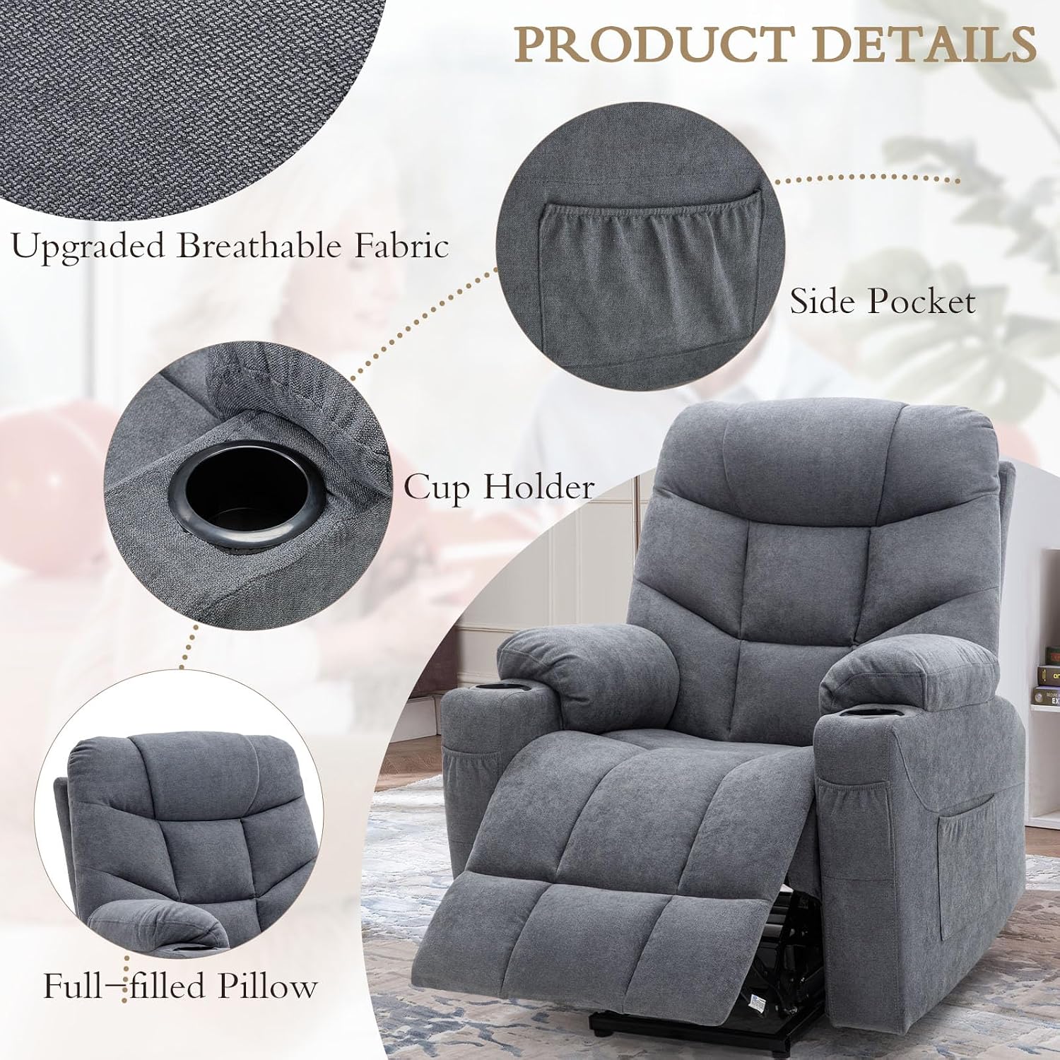 Detailed view of Esright recliner features including side pocket, cup holder, and full-filled pillow