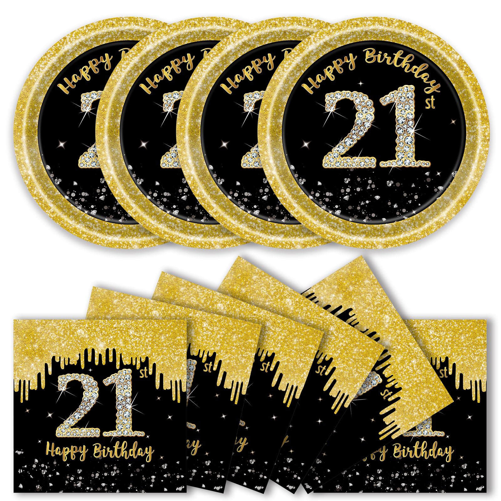 50 Pcs 21st Birthday Paper Plates and Napkins Party Supplies, Black Gold 21th Party Plates and Napkins Tableware Set for Men Women Anniversary 21st Birthday Decorations