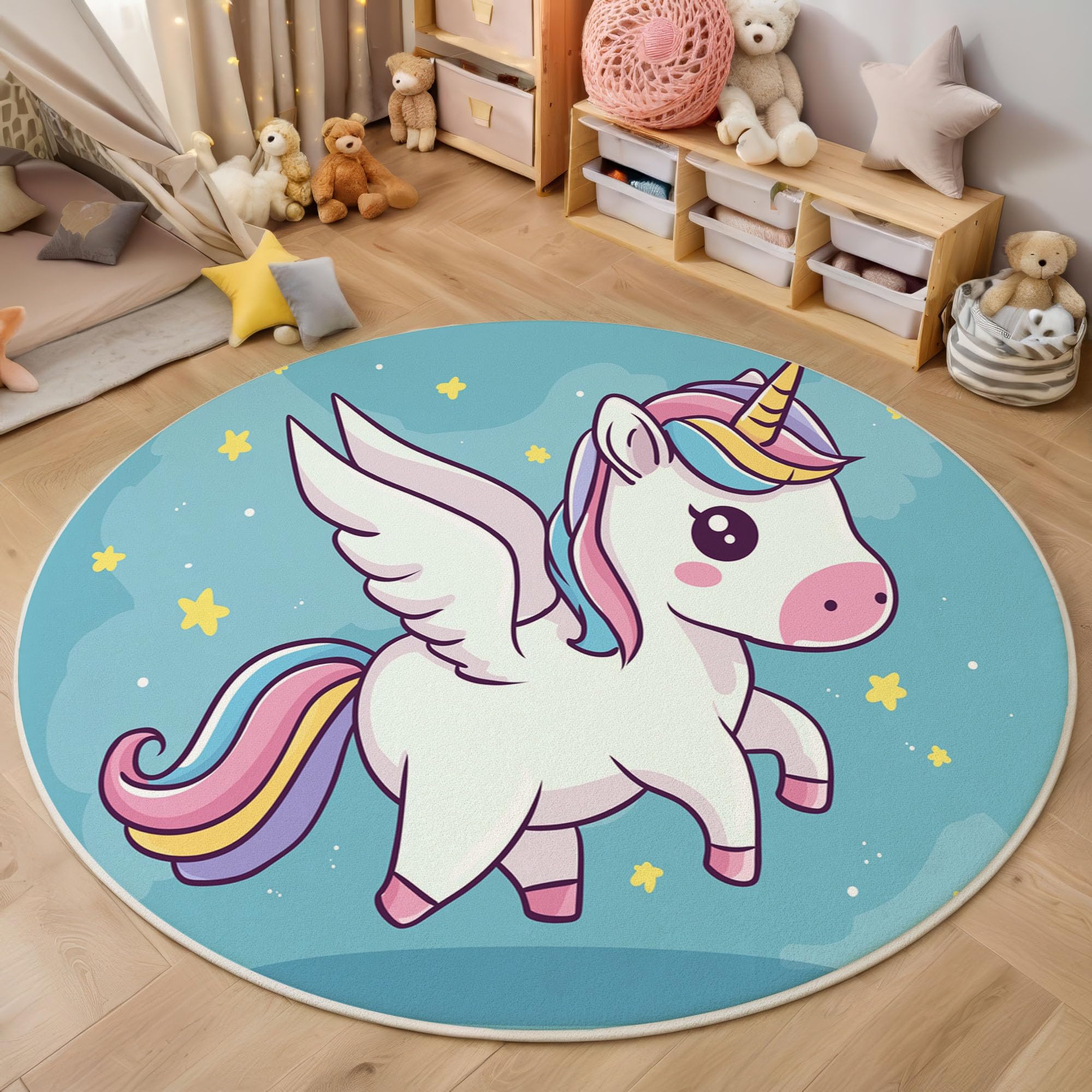 Tapis salon rond 160cm anti-glissant motif arc-en-ciel bleu