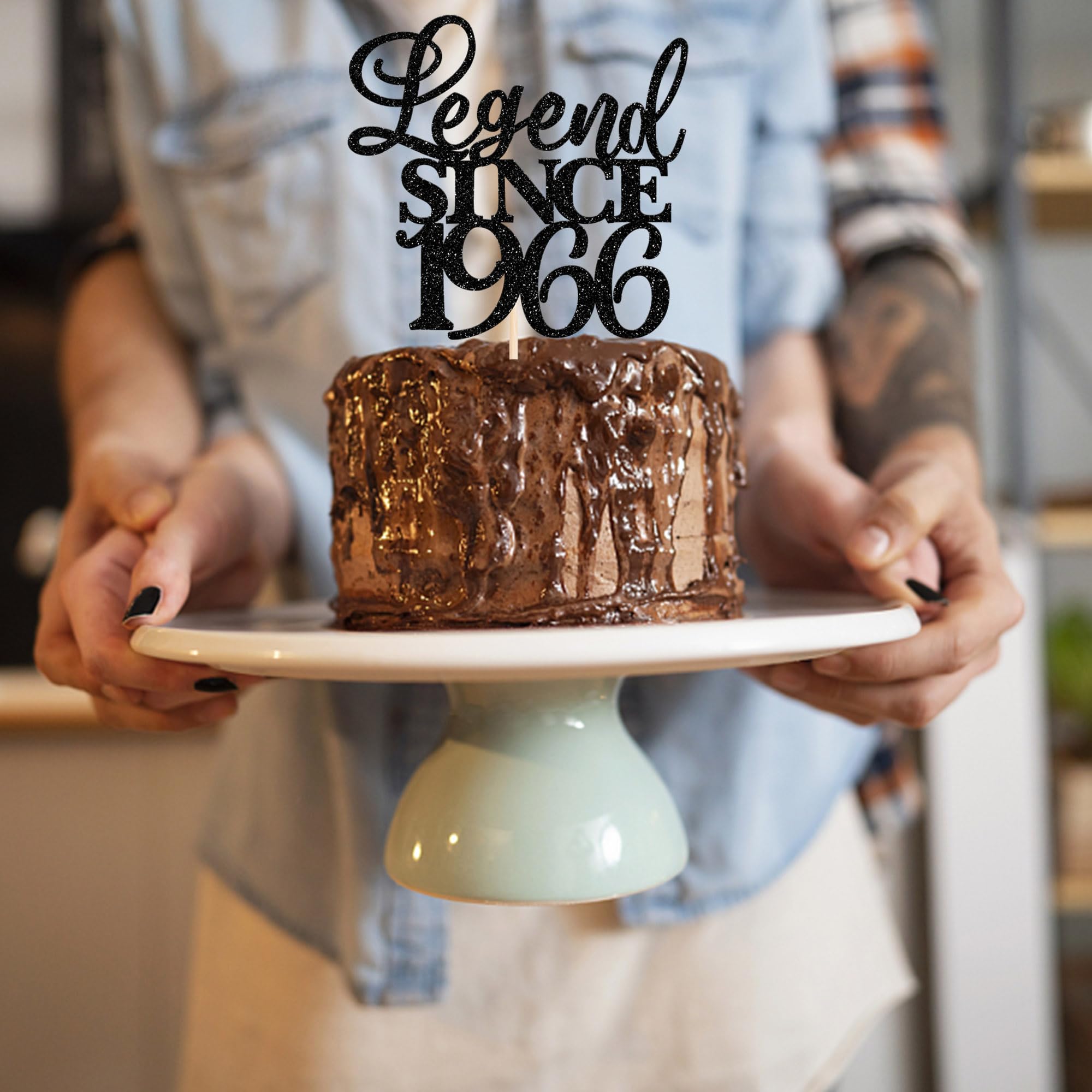 Decorazione Per Torta 60° Compleanno - Glitter Oro E Nero - Topper In Cartoncino 300g Con Bastoncino In Bambù