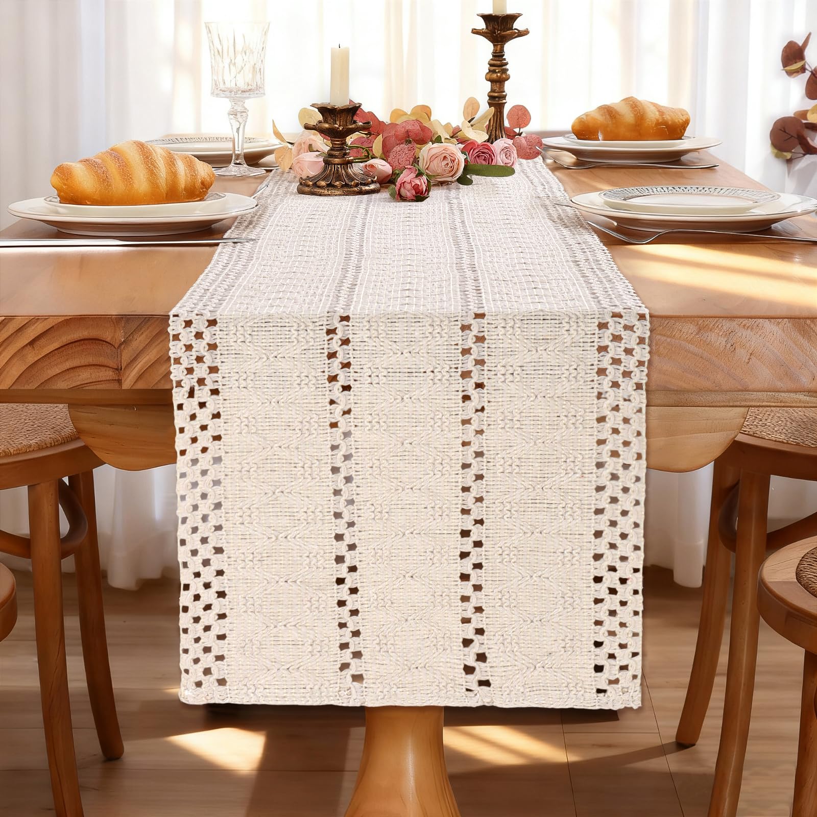 Camino De Mesa Macramé Boho 30x180cm Con Borlas - Algodón Y Yute Natural Para Bodas, Picnic O Decoración Rústica