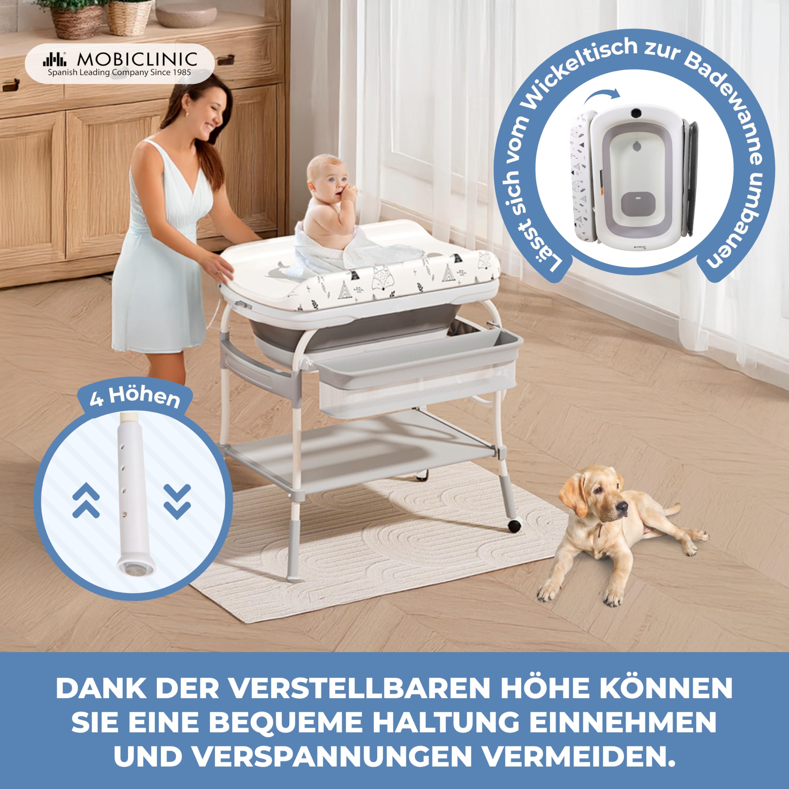Mobiclinic® 2 in 1 Wickeltisch mit Badewanne, 4-fach höhenverstellbar, bis 50 kg, 0-36 Monate