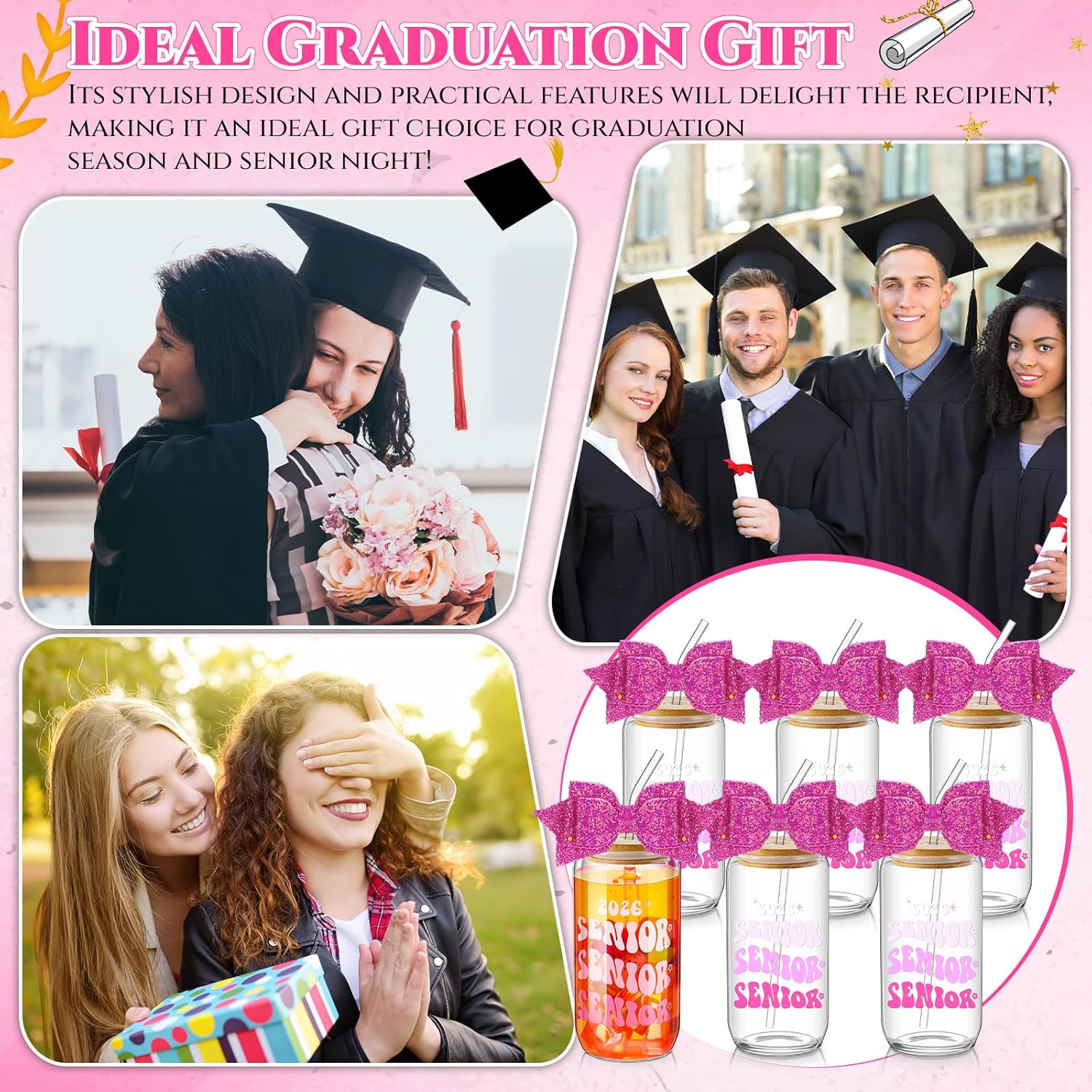 Hushee 6 Set Class of 2026 Senior Night Gifts 16 oz Glass Water Bottle with Lids Straws Glitter Bow Straw Topper Senior 2026 Tumbler Graduation Gift for Her Women Team Coach Player (Pink)
