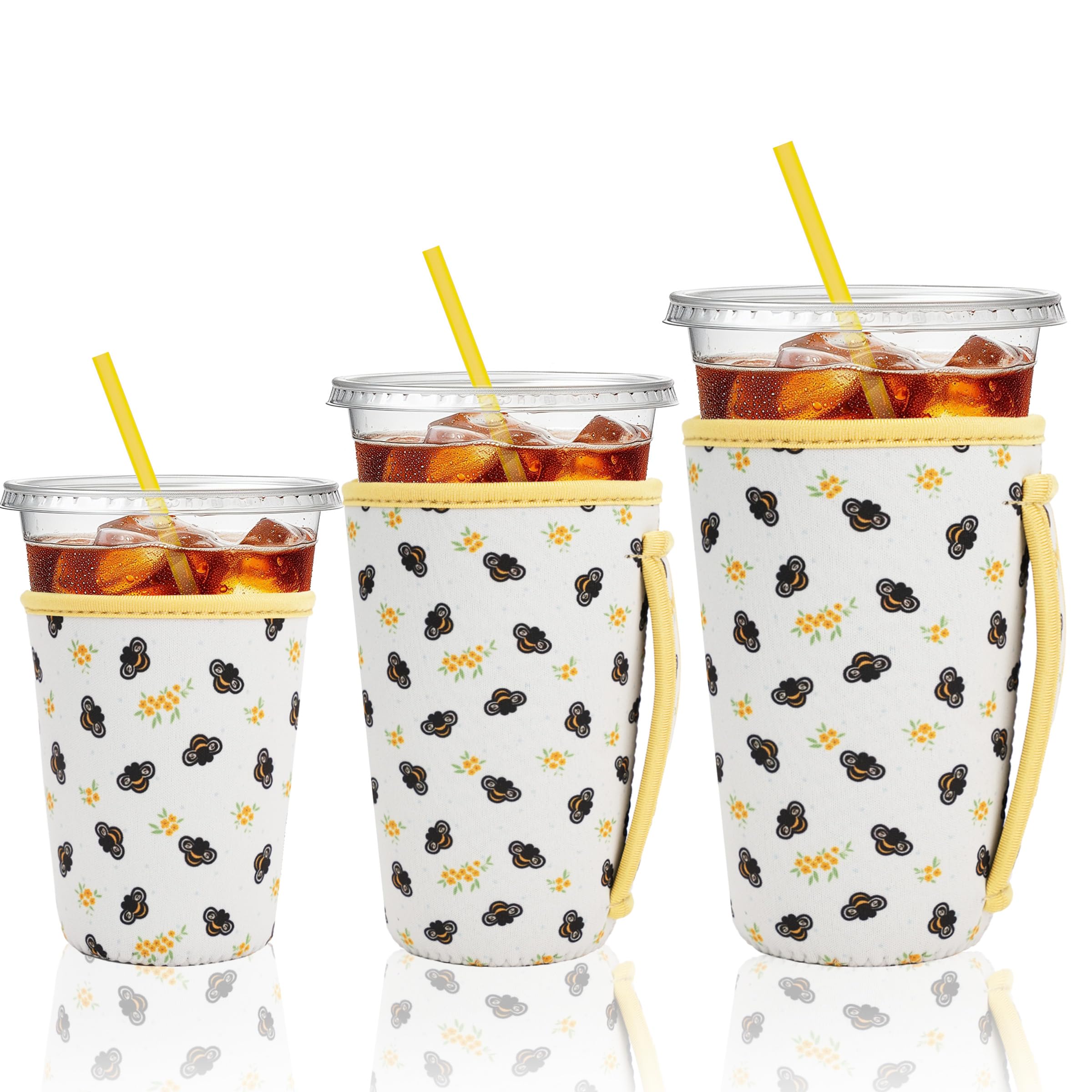 KJQJLY 3 Reusable Iced Coffee Sleeves for Iced Coffee Cups or Drinks Reusable Neoprene Insulated Sleeves for Hot and Cold Drinks from Starbucks, Dunkin, And More (Honey Bee)