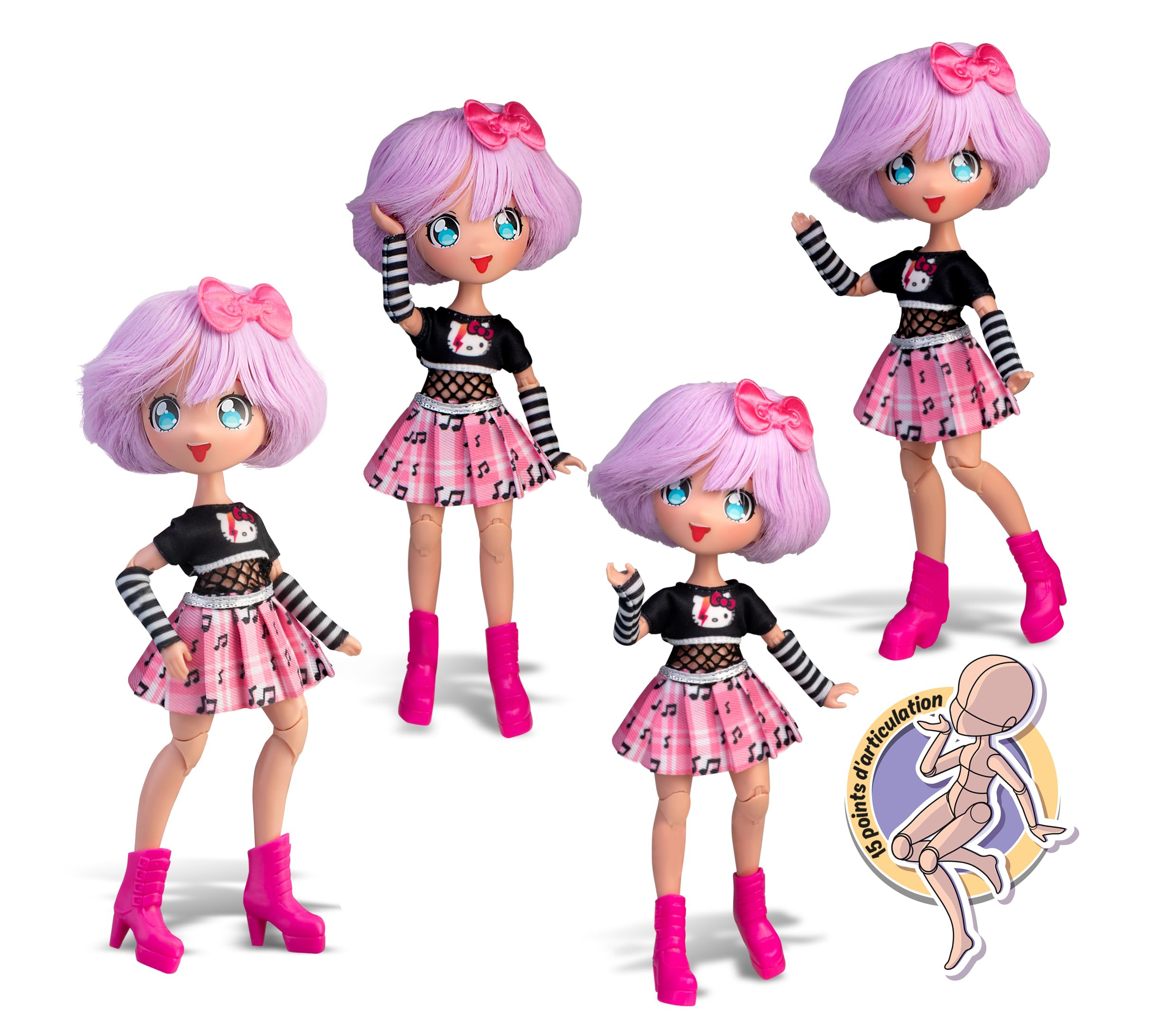 Hello Kitty Manga Doll Teddy Rock, Japanese Fashion Doll with Fashion Looks Manga, 19.5cm Figure with 15 Points of Articulation, Purple Hair, Accessories Included, Famous (HKTF0100) - Image 3