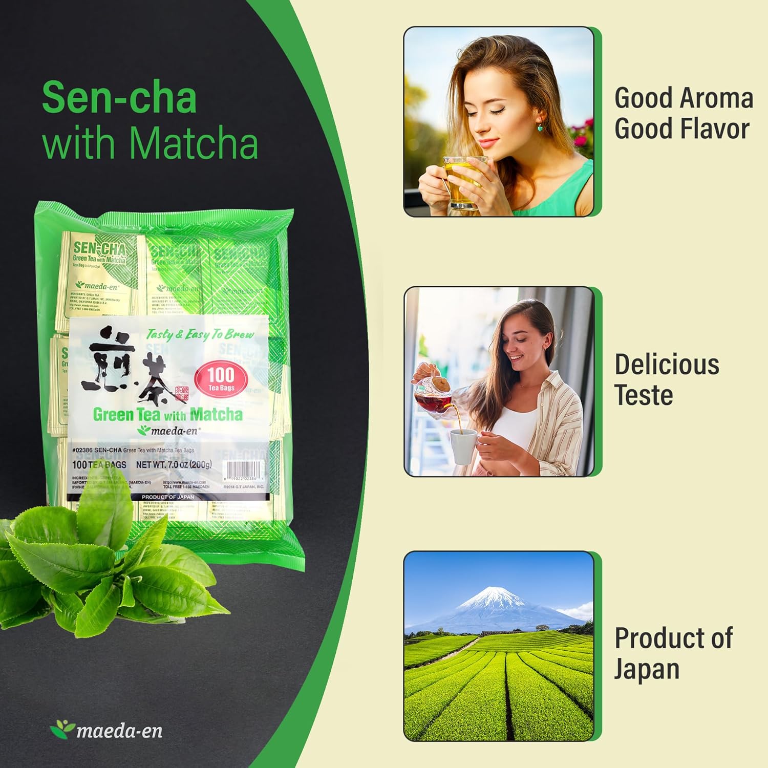 MAEDA-EN Sen-cha with Matcha Green 200 Tea Bags Powder Japanese Origin Green Tea Leaves Individually Wrapped Teabags 02386 2pk - Image 3