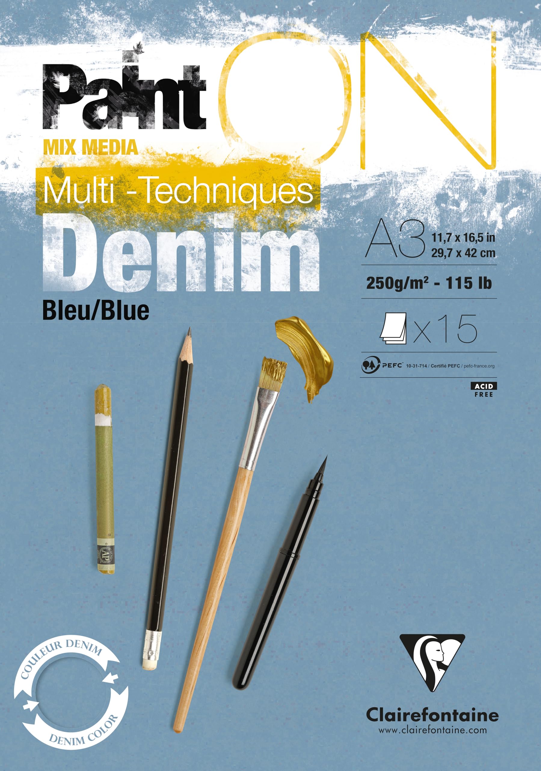 Clairefontaine - Ref 975702C - Paint'ON Multi-Technique Denim Blue Paper Pad (15 Sheets) - A3 Size, 250gsm Heavyweight Paper, Slight Rough Grain, Acid Free, pH Neutral