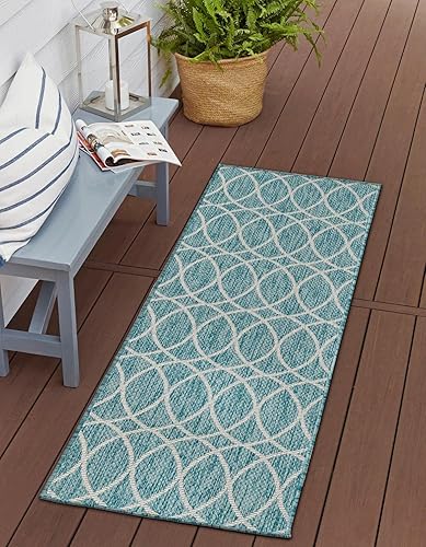 Unique Loom Outdoor Trellis Collection - Alfombra de área - Gitter (2 x 6 pies 1 pulgada, alfombra de pasillo, aguamarina claromarfil)