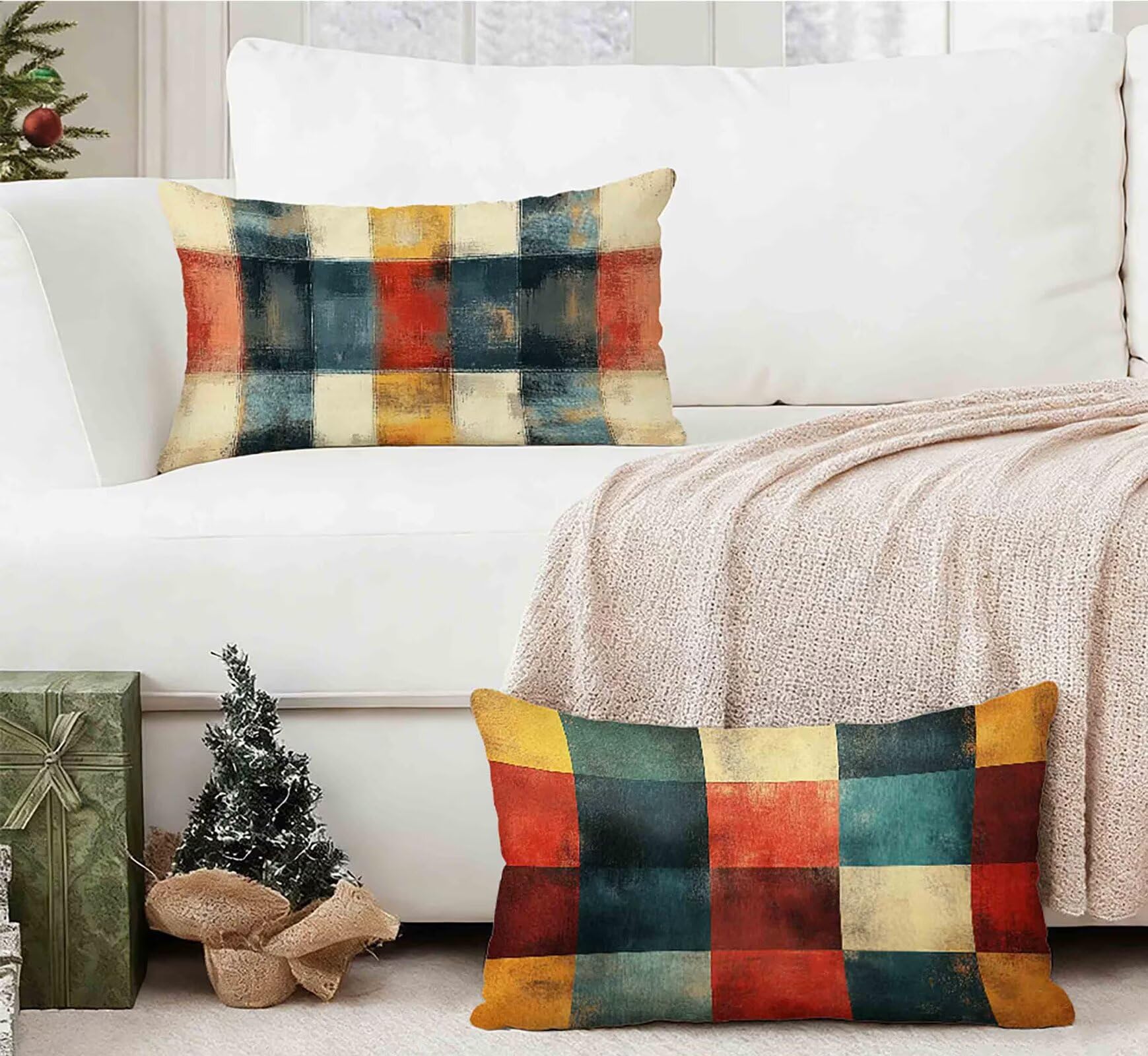 Kissenbezug 50x70 cm 2er Set, Kissenbezug Gitter Kopfkissen Rot Muster Design Kopfkissenbezug Wasserdicht Leinen Pillow Case Herbstdeko mit Verstecktem Reißverschluss für Deko Wohnzimmer -lsy250127Y