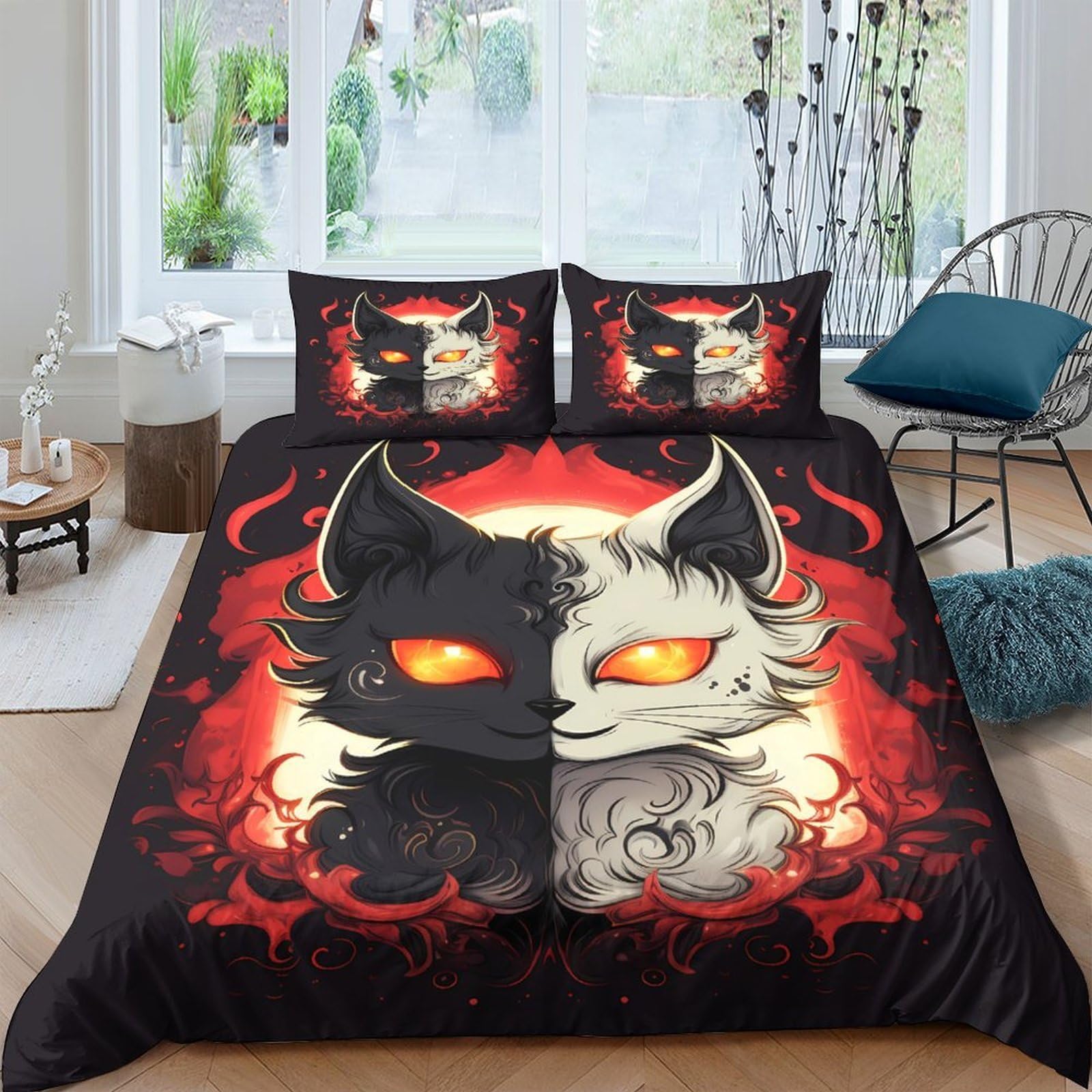 GPLZQXKJNH 3D Printed Yin Yang Cat Duvet Cover Microfiber Soft Breathable Fire Pattern Bedding Set with 2 Pillowcases for Bedroom Decor Single（135x200cm）