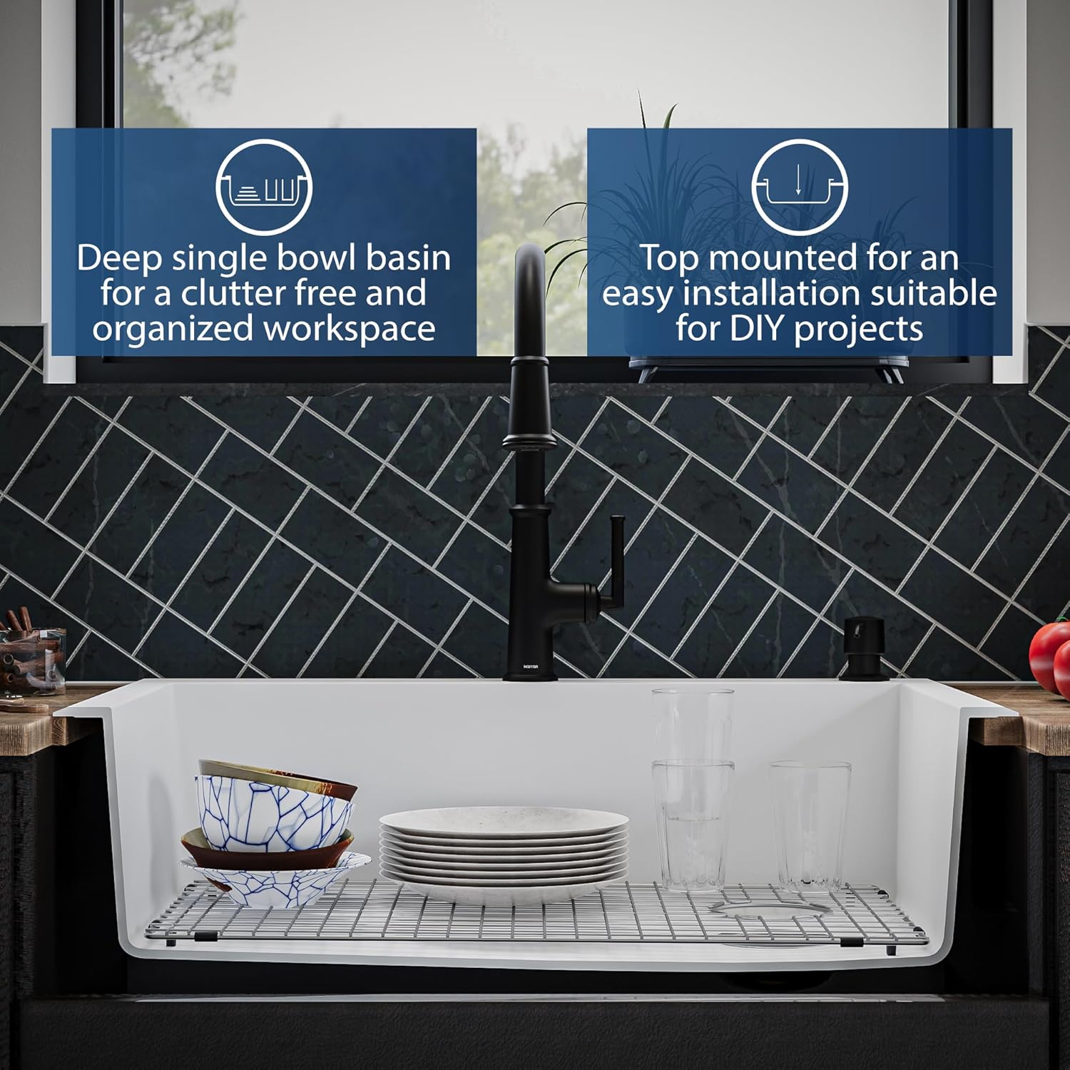 Karran Drop-In/Top Mount 33" Single Bowl Granite Quartz Composite Kitchen Sink Kit in White Right Side Drain, Sound Dampening, Extra Deep 9" Basin, Heat & Scratch Resistant, with Grid & Strainer