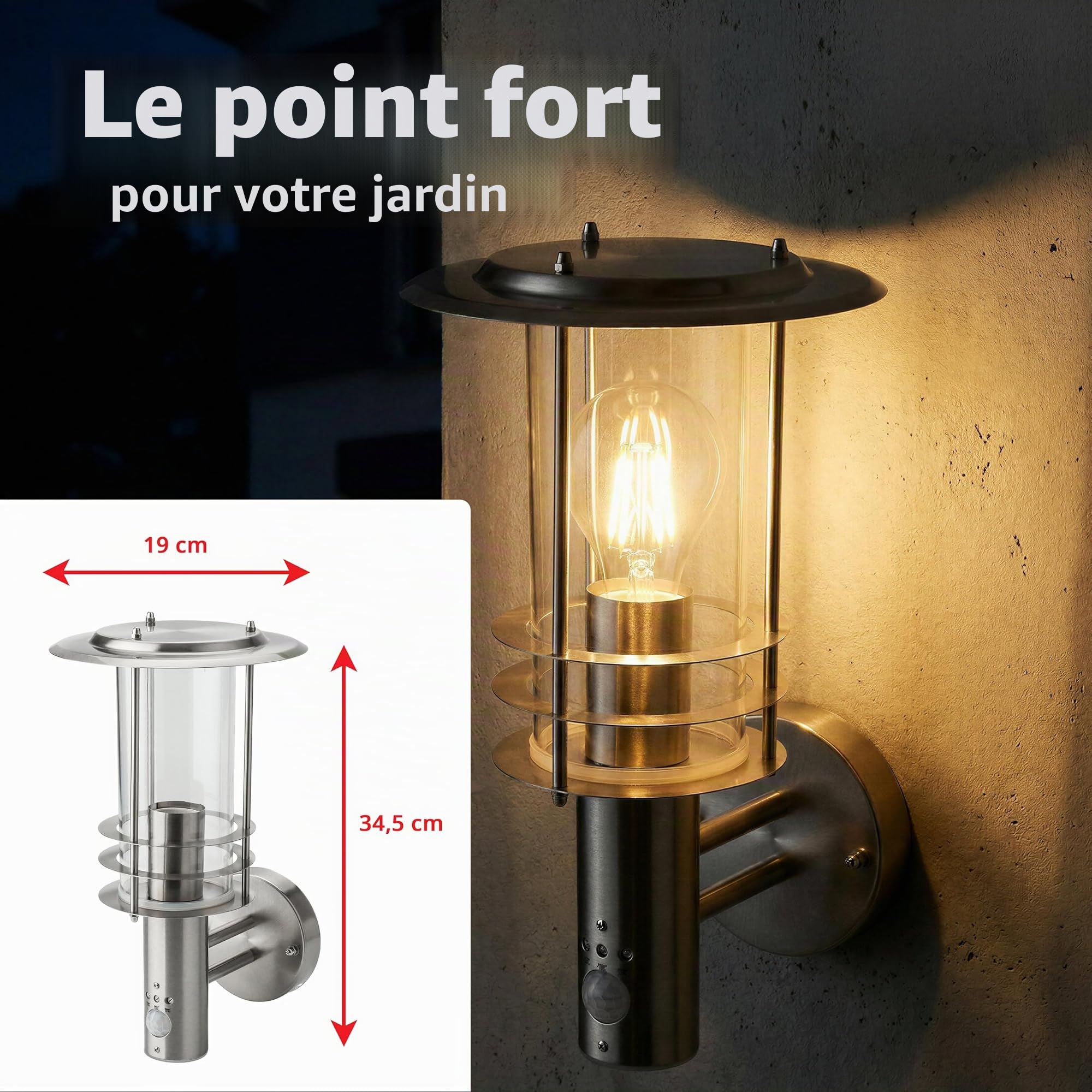 grafner® Design Applique murale en acier inoxydable avec détecteur de mouvement E27 Lampe murale intérieur et extérieur IP44