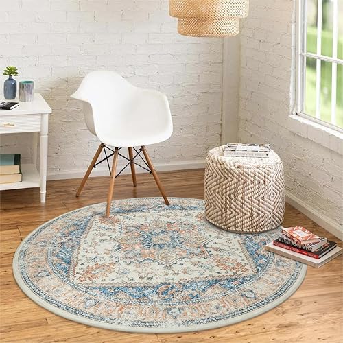 LIVEBOX Alfombra redonda bohemia lavable de 4 pies, alfombra tradicional para dormitorio, plegable, retro, alfombra envejecida, alfombra circular
