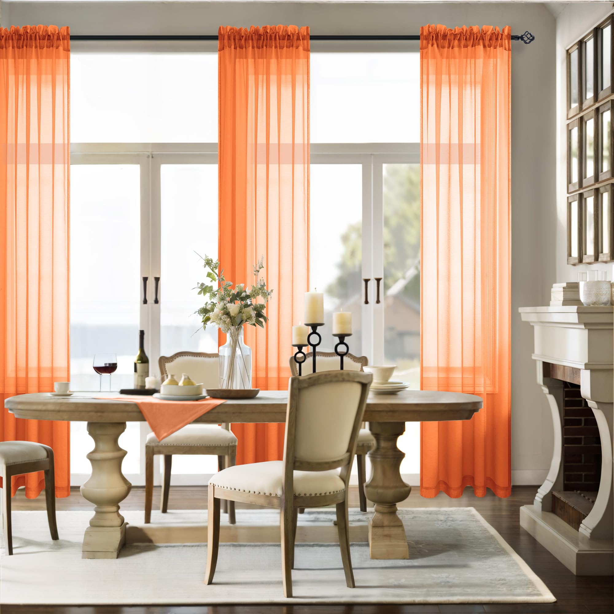Burnt Orange Sheer Curtains 84" Long - 2 Panels Rod Pocket Boho Curtains For Living Room Or Bedroom, Light Filtering Polyester