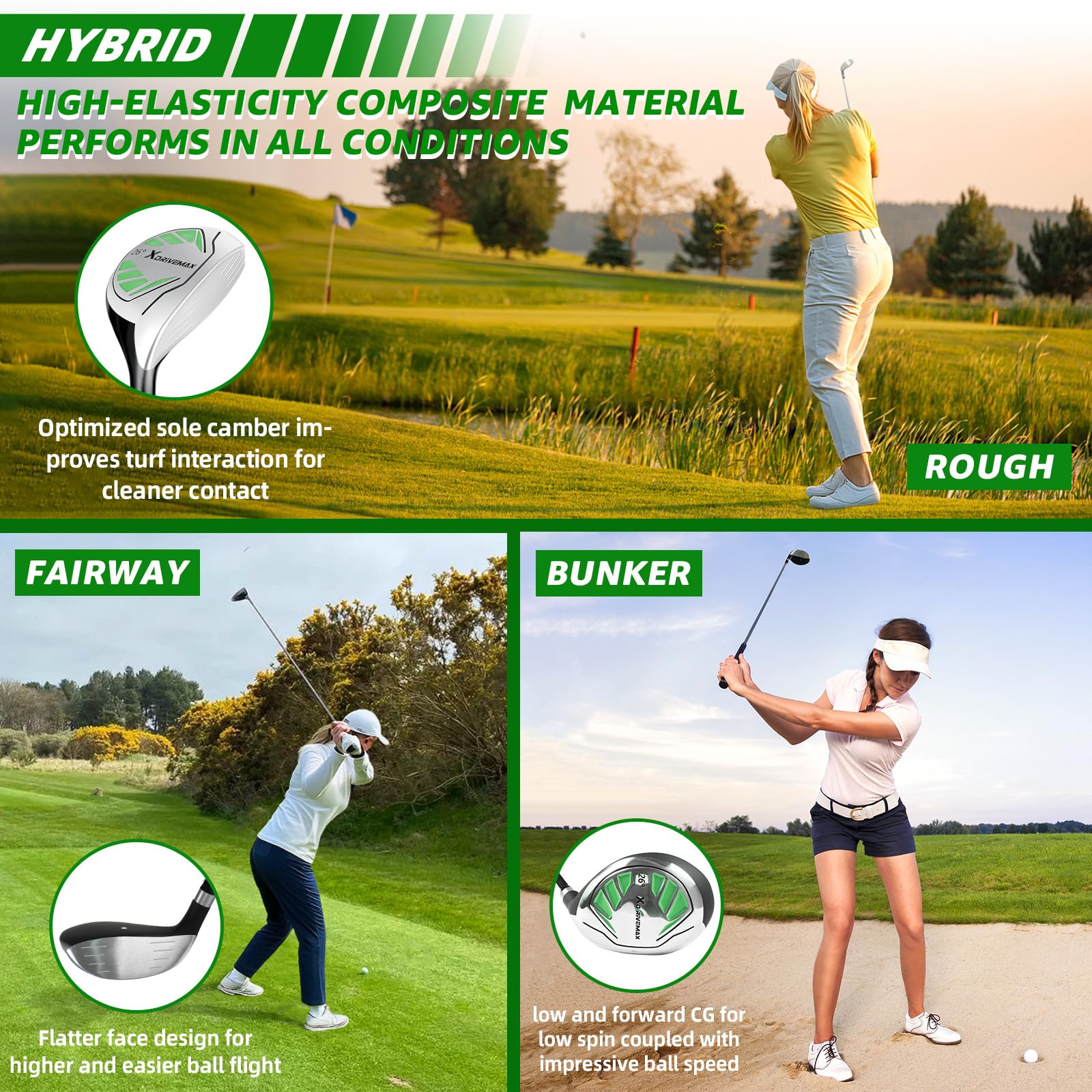 XDriveMax 10 Teilige Komplettes Damen Golfschläger Set, Golf Set Rechtshänder,Inklusive Cart Bag mit Regenhaube, 1#Driver 3#Wood #5 Hybrid, mit 3 Kopfhüllen, 6# 7# 8# 9# PW# Eisen und Putter