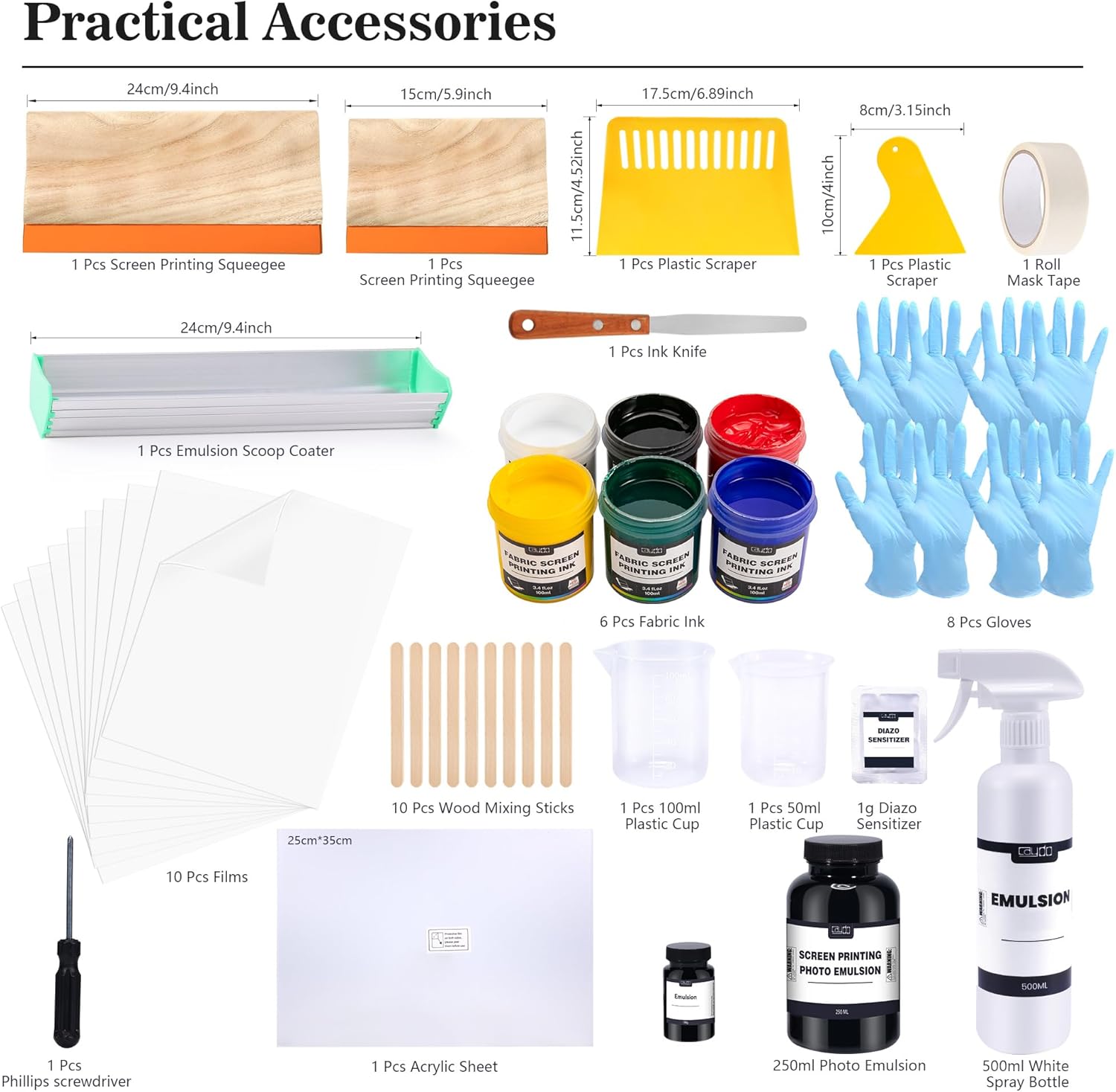 Caydo 66 PCS All-in-One Screen Printing Kit - 50W LED UV Exposure Screen Printing Light, Screen Printing Ink, Screen Printing Photo Emulsion, Instructions
