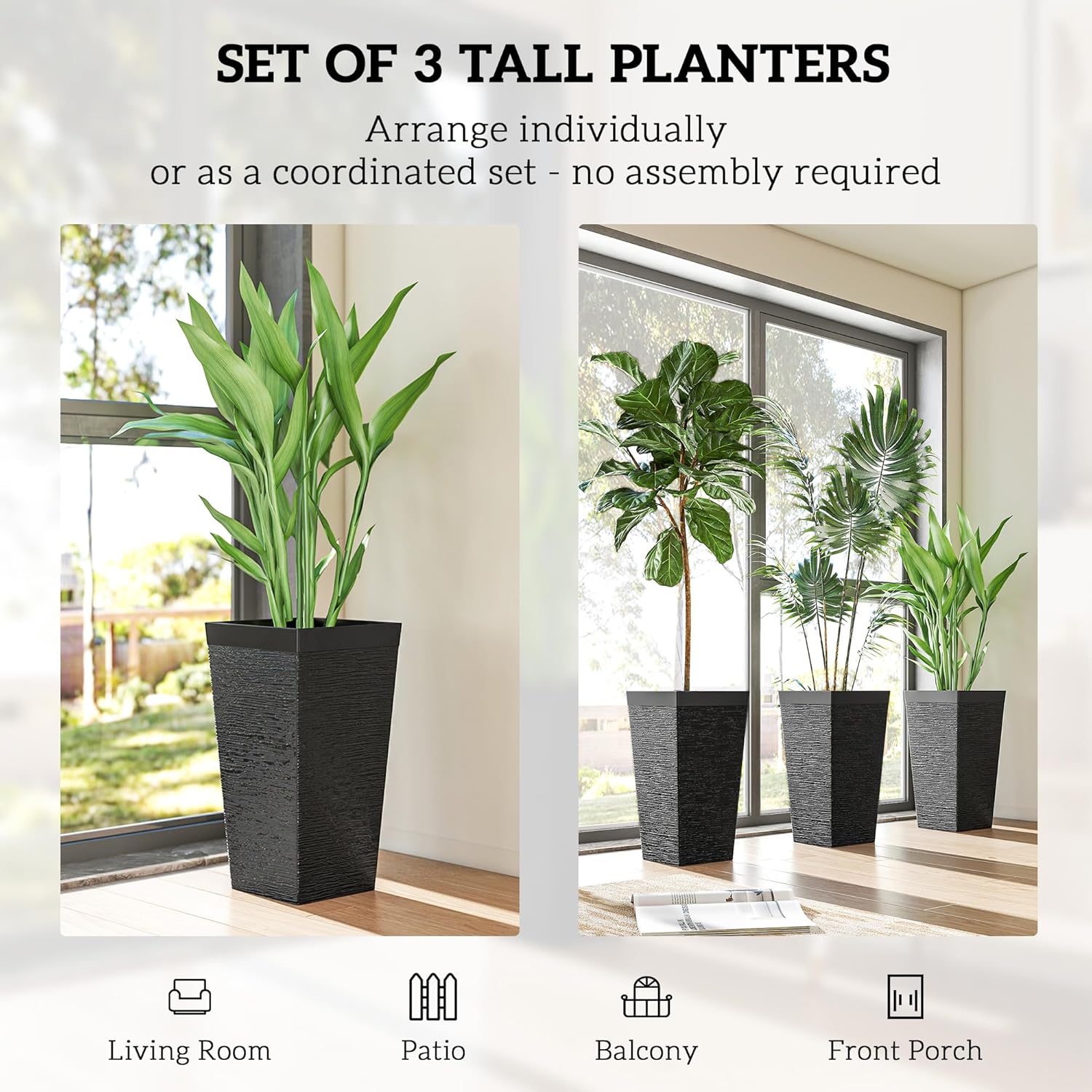 Outsunny 22.8 Inch Tall Planters for Outdoor Plants, Set of 3 Plastic Flower Pots with Stone Finish and Wheels, Stackable Tapered Planters with Drainage Hole for Indoor Plants, Front Porch, Black
