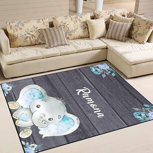 Miniatura 3 de Alfombra antideslizante personalizada con diseño floral de elefante de 4 x 5.2 pies con nombre y texto, tapete personalizado para dormitorio, sala