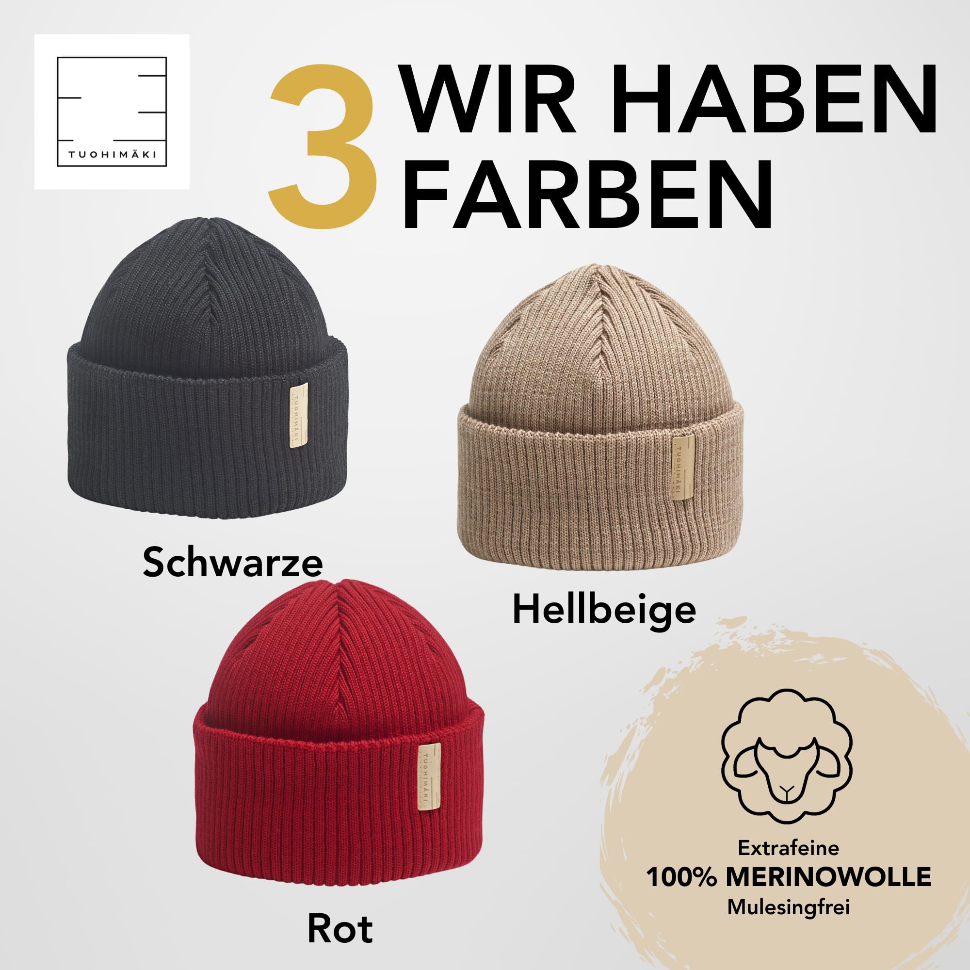 Fisherman Beanie für Herren und Damen, Merino Mütze aus 100% Merinowolle, Fischermütze Docker Mütze eng anliegend, temperaturregulierend, Made in Finland, Farben Schwarz, Rot, Beige