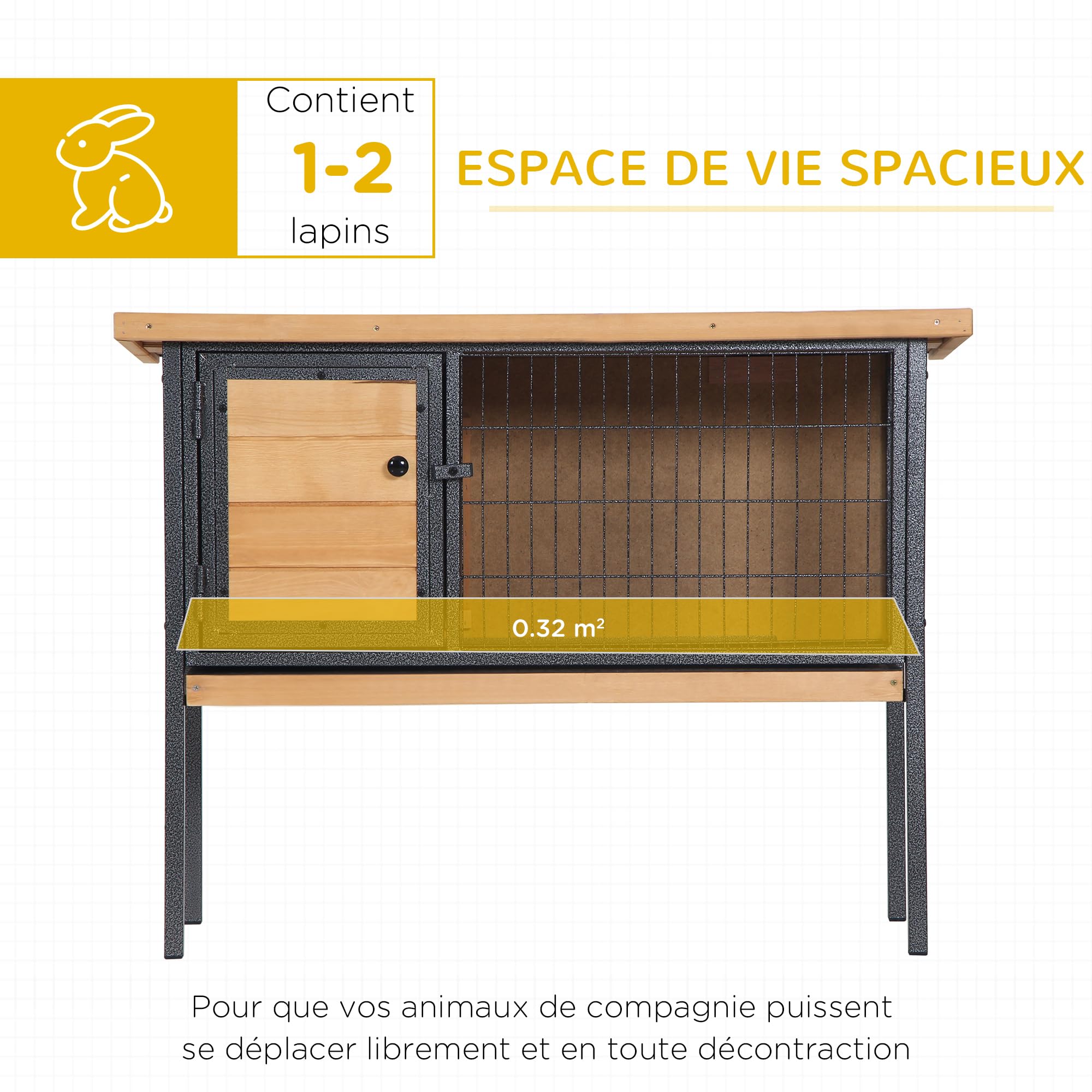 PawHut Jaula para Conejos de Madera sobre Pies, Conejera exterior para roedores, conejillos de Indias con Techo Trabajable - Dom. 91,5 x 45 x 70 cm