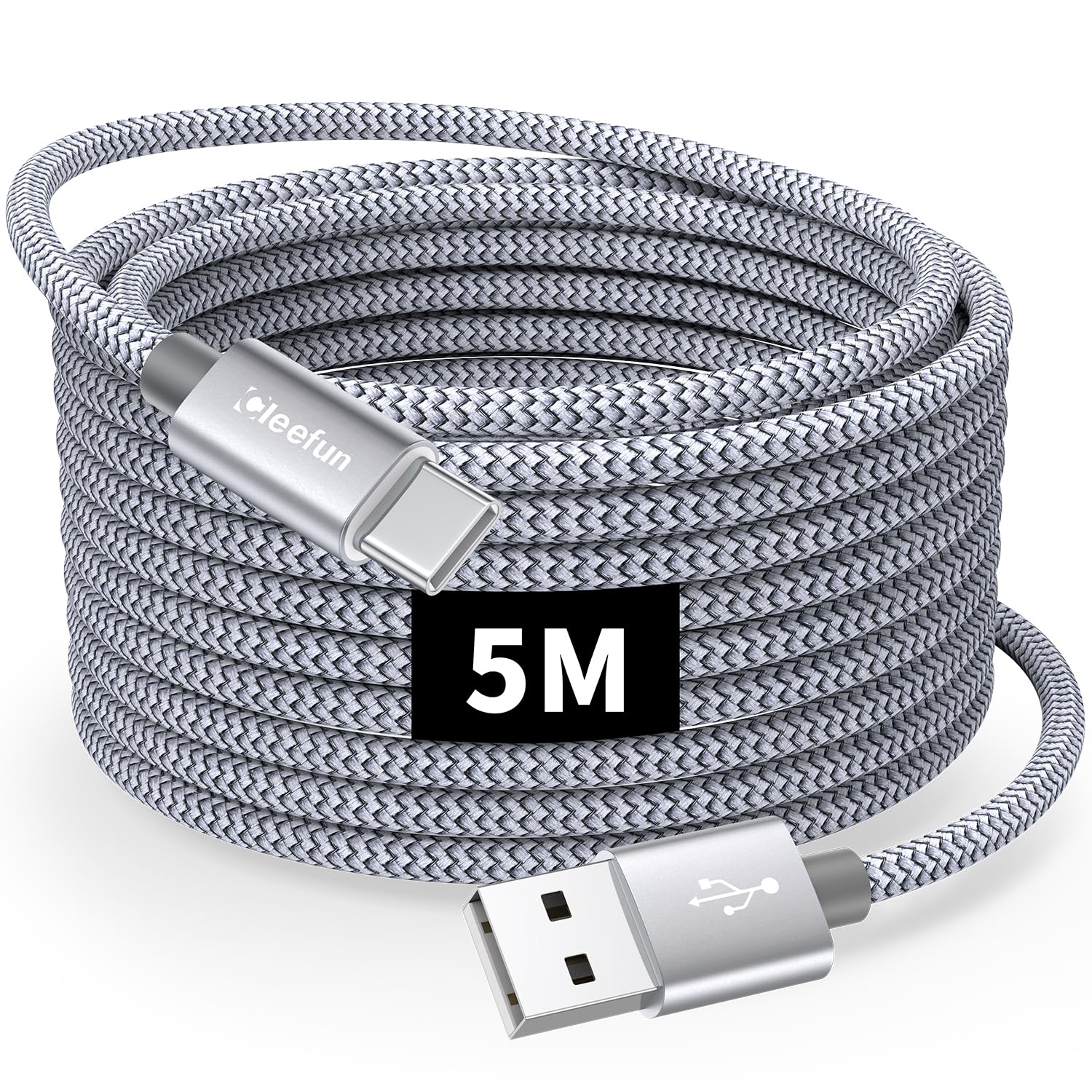 CLEEFUN Cavo USB Type-C 5 Metri, Lungo Cavo USB C 5 metri 3A di Ricarica Rapida in Nylon Compatibile per Galaxy S25 S24 S23 S22 S21 S10 S9 Plus, A13 A14 A15 A50 A71, Per iPhone 16 15 Plus/Pro Max