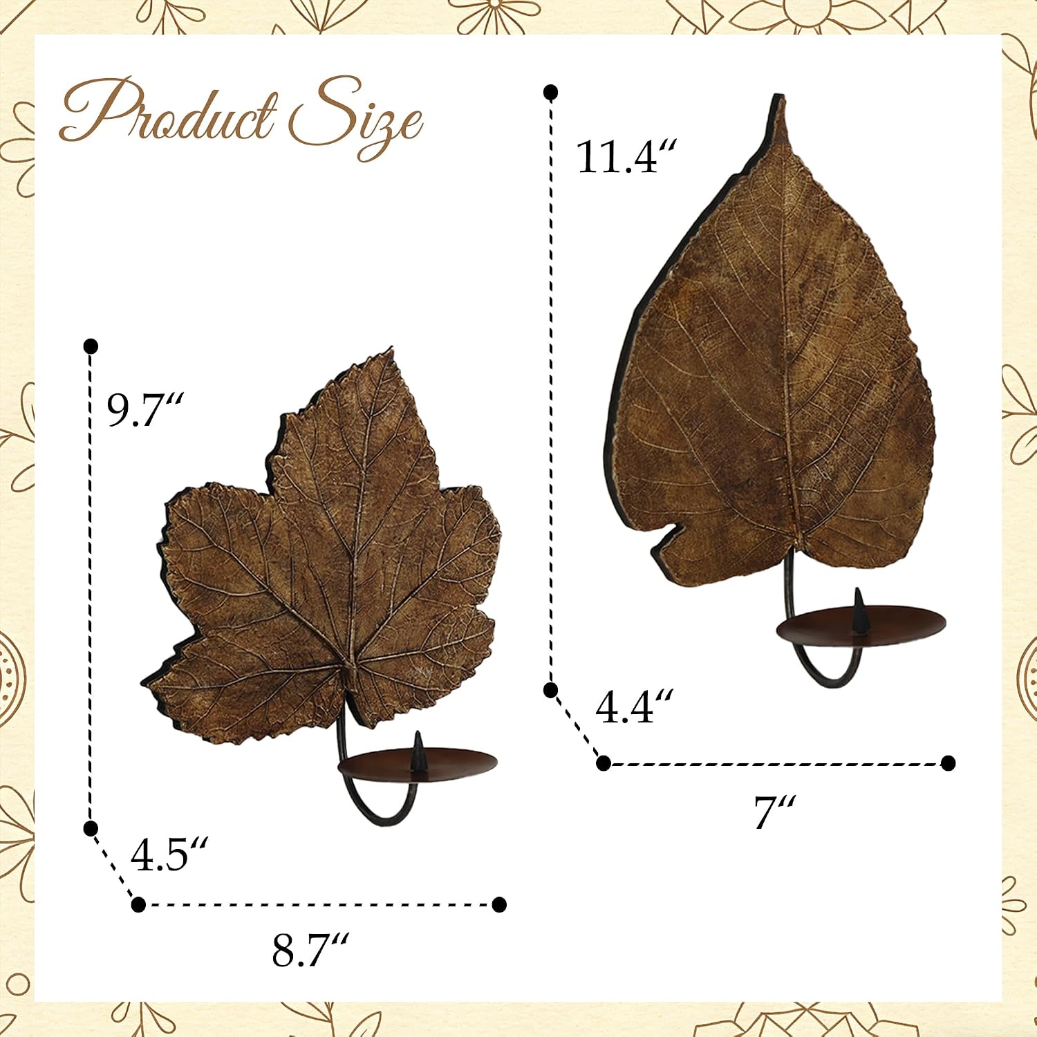 SOFFEE DESIGN Set of 2 Leaf Wall Sconces, Vintage Gold Metal Maple & Poplar Leaves with 3.15” Candle Cups with Prong, Rustic Farmhouse Candle Holder for Hallway
