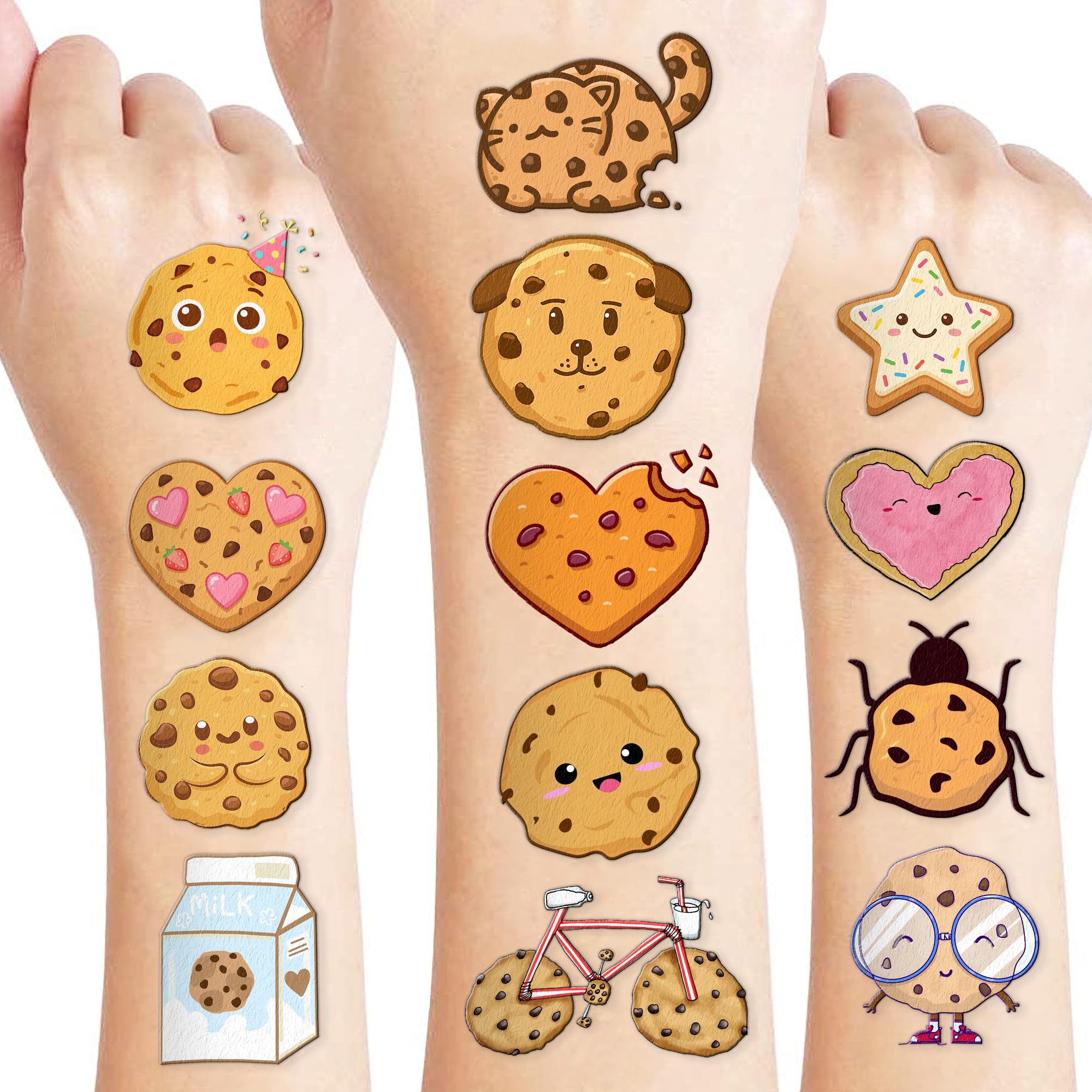 96PCS Cookie Pre-Cut Temporary Tattoos 8 Sheets 96PCS Milk and Cookies Party Decorations Supplies Favors Candyland Theme Birthday Cute Stickers