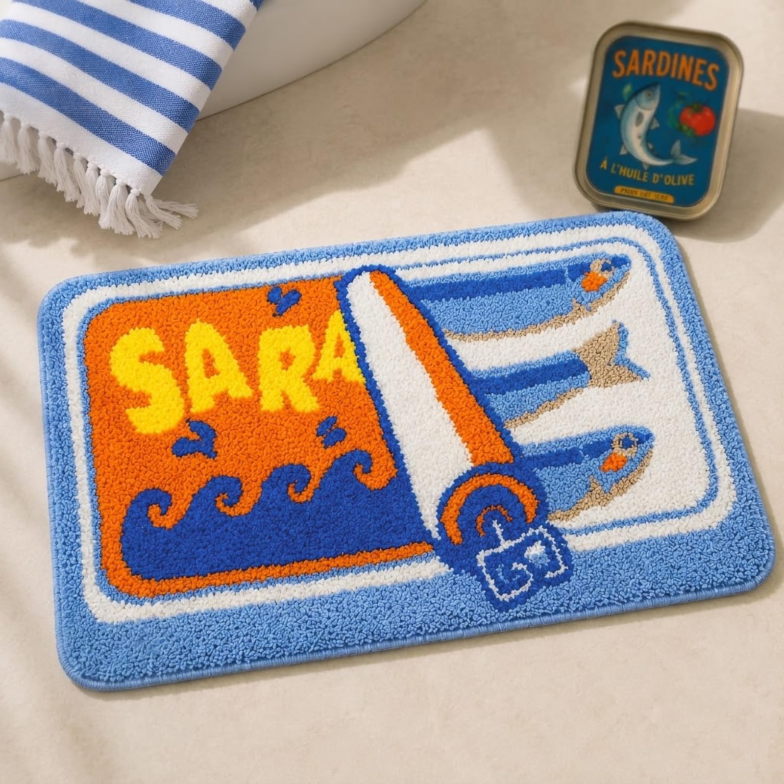 Tappetino da Bagno a Scatola di Sardine, Tappeto da Bagno Divertente con Pesce e Limoni, Morbido Tappeto da Bagno in Microfibra Antiscivolo Lavabile, Tappeto Doccia retrò per Bagno 50 x 80