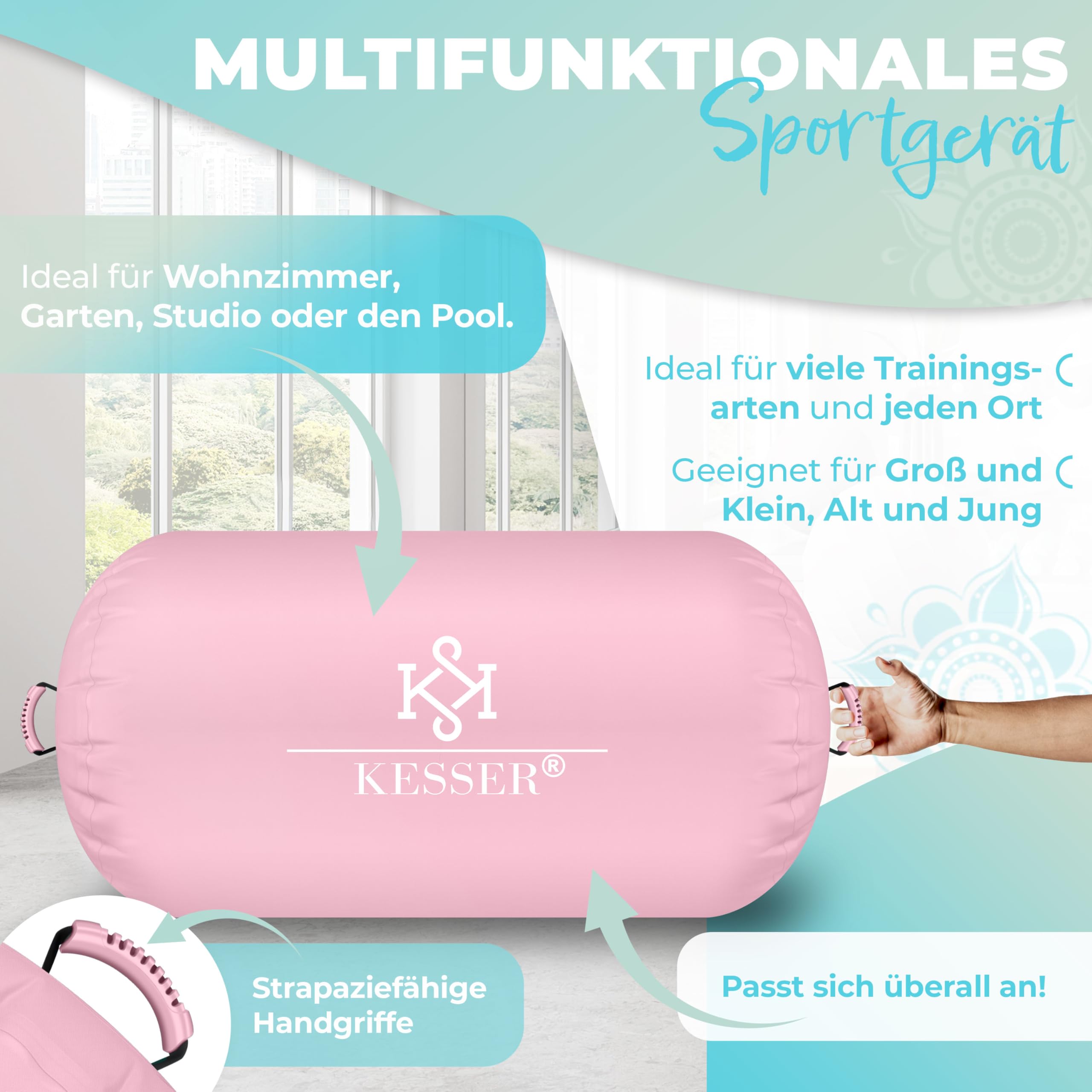 KESSER® Air Roll Airtrack, rullo gonfiabile, per ginnastica, con borsa per il trasporto e pompa ad aria, a barile, per la ginnastica, per lo yoga, per il fitness,
