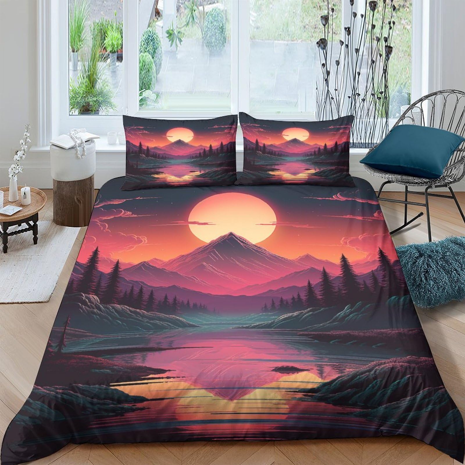Housse de couette coucher de soleil 3D pour transformer votre chambre en refuge de montagne