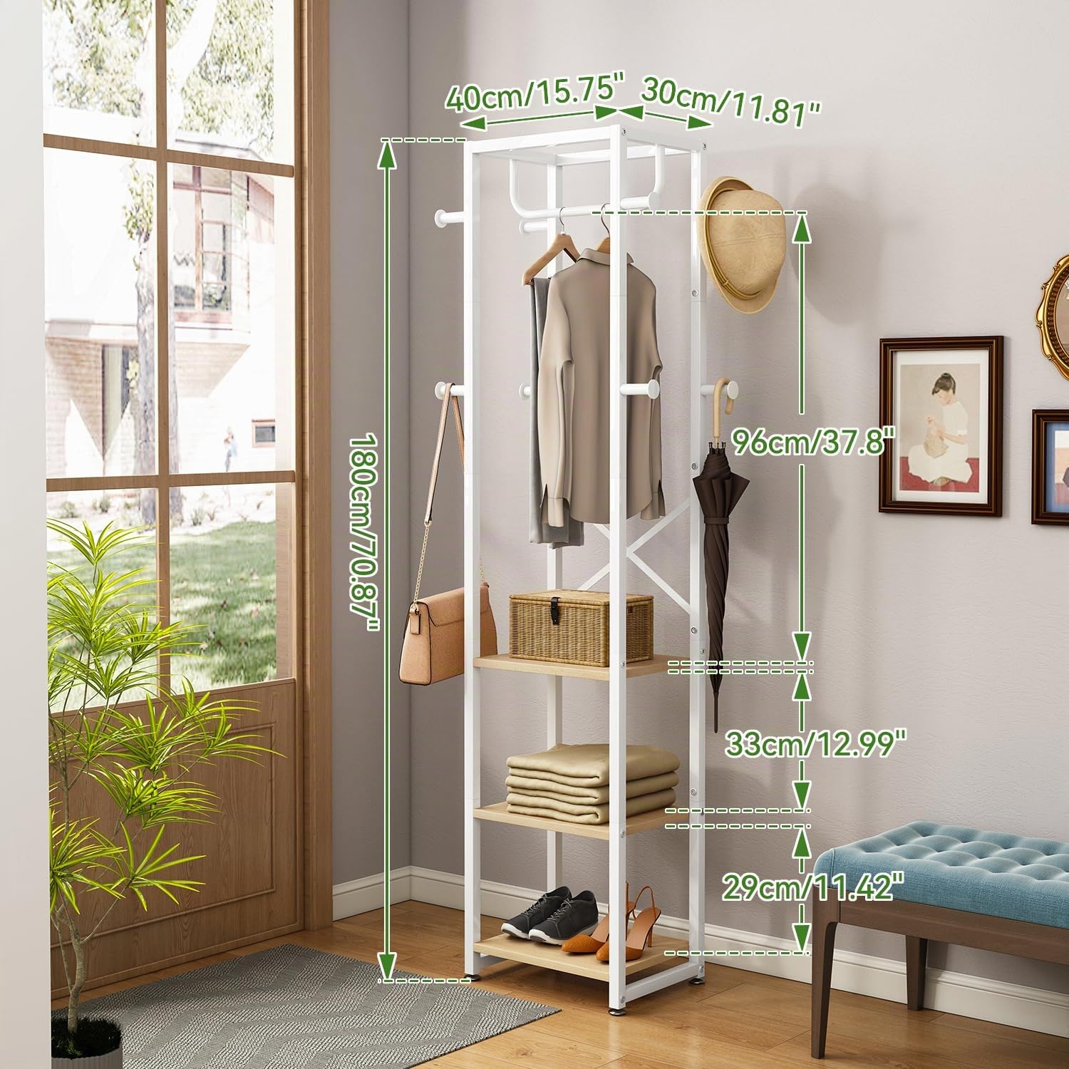 IBUYKE Perchero, Perchero independiente con 3 estantes y 8 ganchos, Perchero industrial de ropa para entrada, pasillo, dormitorio, 180 x 40 x 30 cm, color natural y blanco TMJ088R
