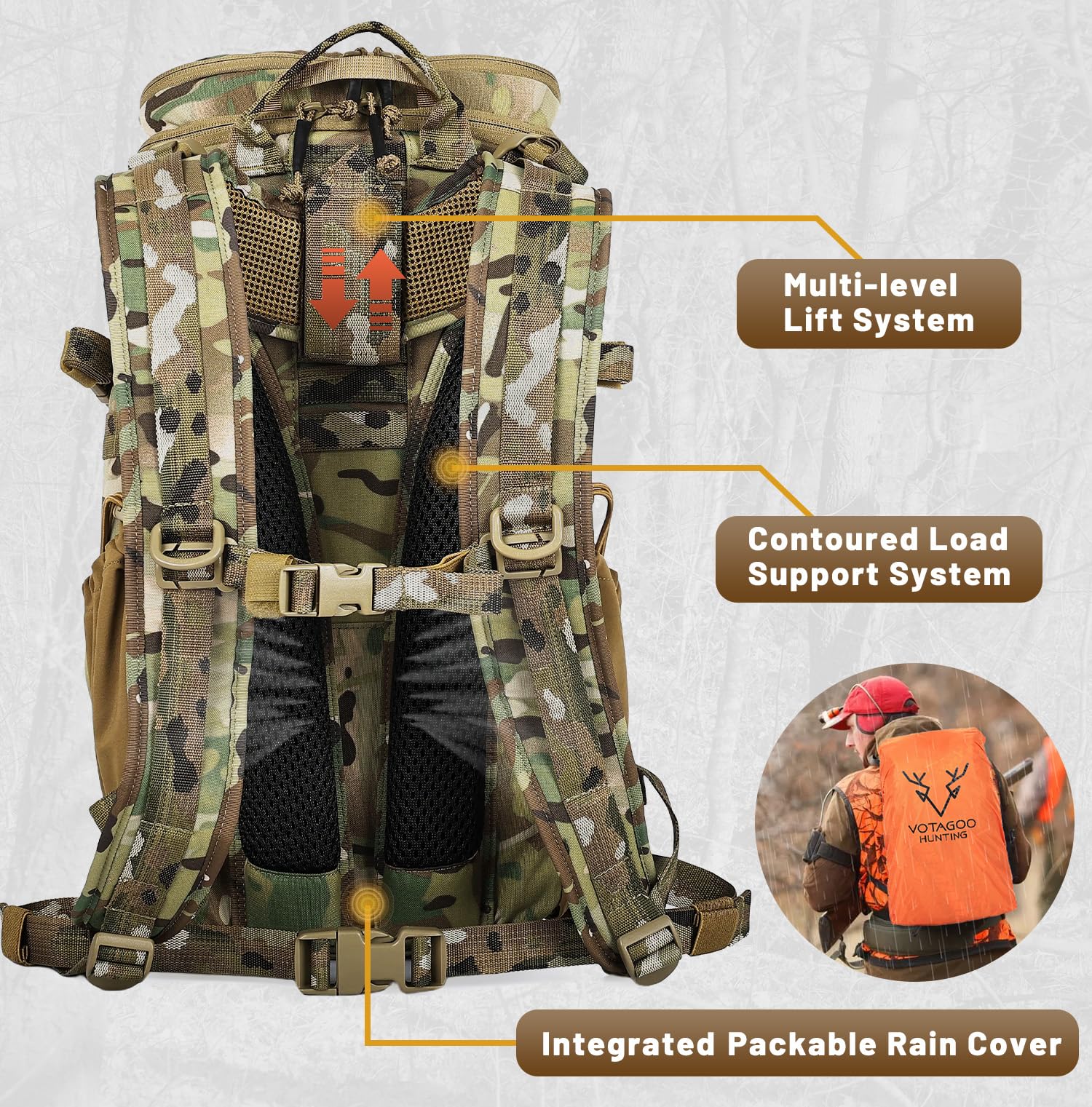 VOTAGOO Hunting Backpack Rucksack Trekkingrucksacke Wasserdichter Jagdrucksack Durchgehendem Reißverschluss und Regenschutz, Jagdtagesrucksack für Gewehr, Bogen und Pistole (CP)