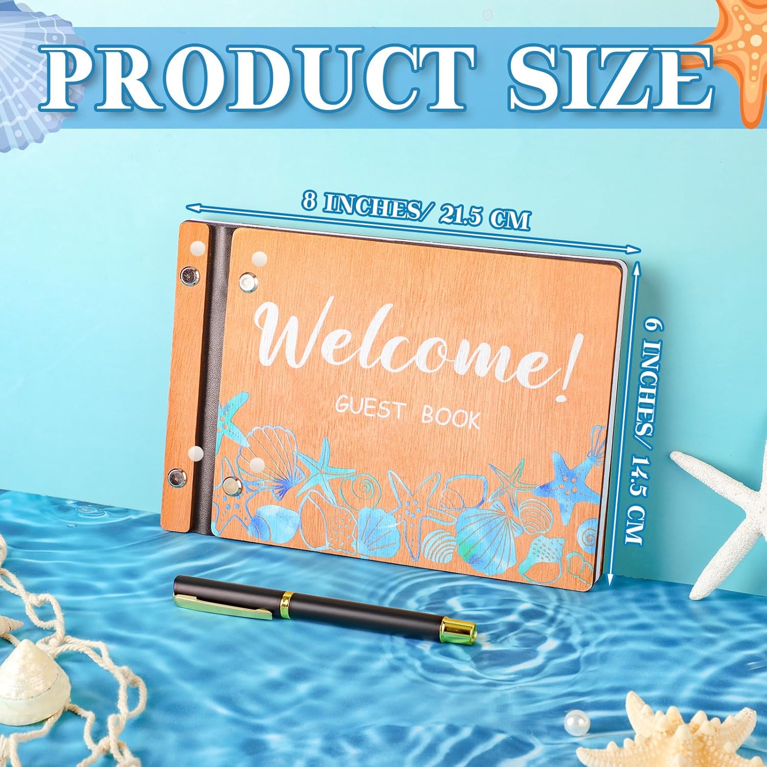 Skyygemm Welcome Guest Book Wood Cover Summer Beach Guest Book Vacation Home Scrapbook with Pen 8 x 6 Inches Visitor Log Book with 120 Pages for Vacation Home Host Ocean Beach Nautical Journal