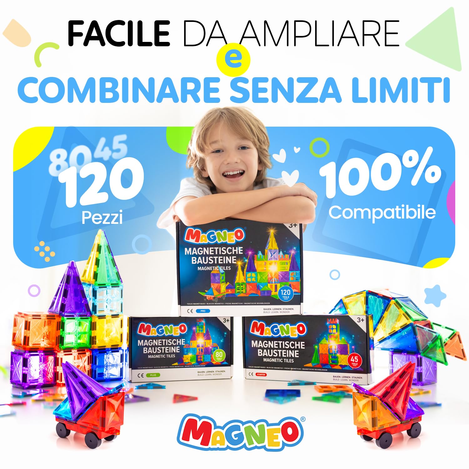 Magneo® Blocchi Magnetici 120 Pezzi (2 Auto) – Costruzioni Magnetiche per Bambini 3+ – Gioco Creativo con Magnetic Tiles – Blocco da Costruzione Educativo – Idea Regalo Bimbi