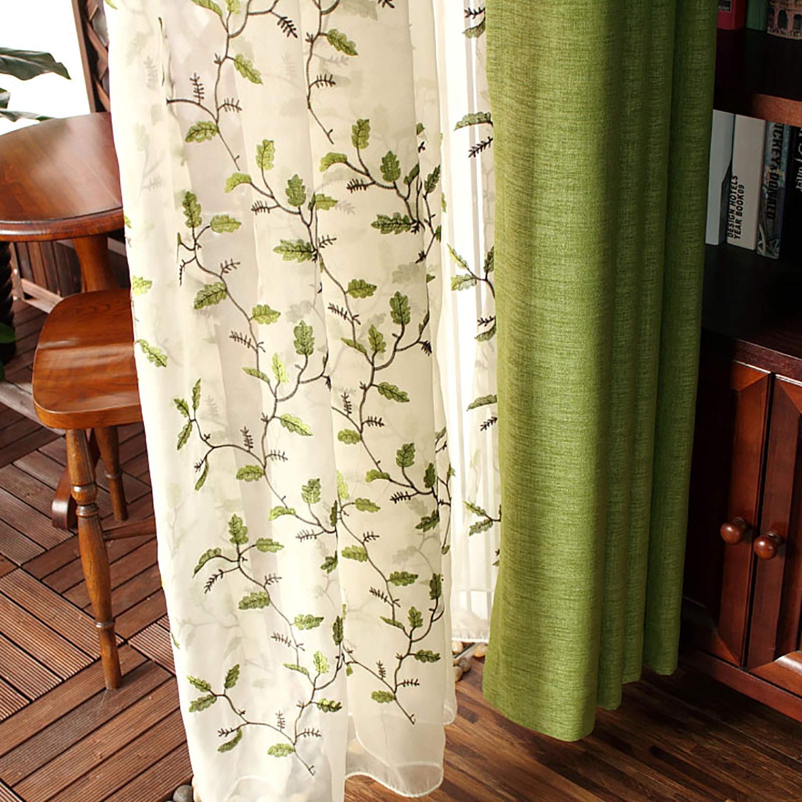 ZZenSmot Style Campagnard Fleur Brodé Rideaux Semi-Transparents,Botanique Feuilles Voile Rideaux pour Domicile Vivant Chambre Décor-A W59*l106inch/1 Panels