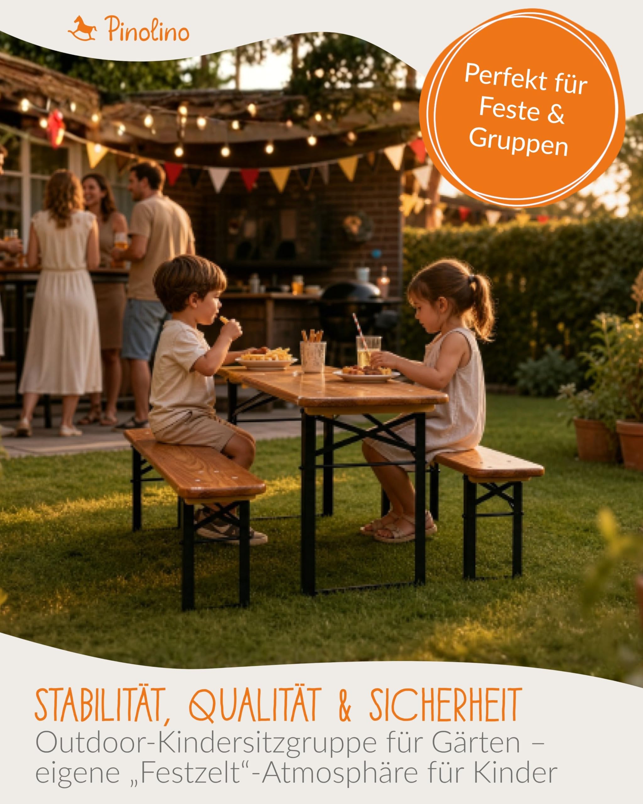 PINOLINO Sepp Kinder Festzeltgarnitur 3-teilig I Klappbare Kindersitzgruppe aus Holz & Metall I Outdoor Tisch mit 2 Bänken für Garten, Geburtstag & Party I Für Kinder ab 3 Jahren
