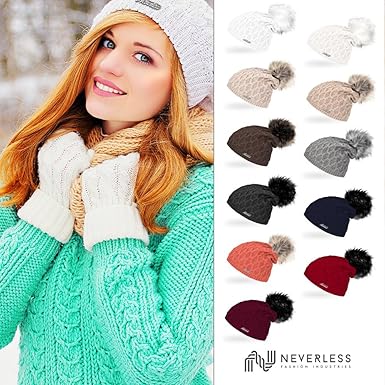 Neverless Bonnet Tricoté Tendance Pour Femme Avec Pompon En Fourrure