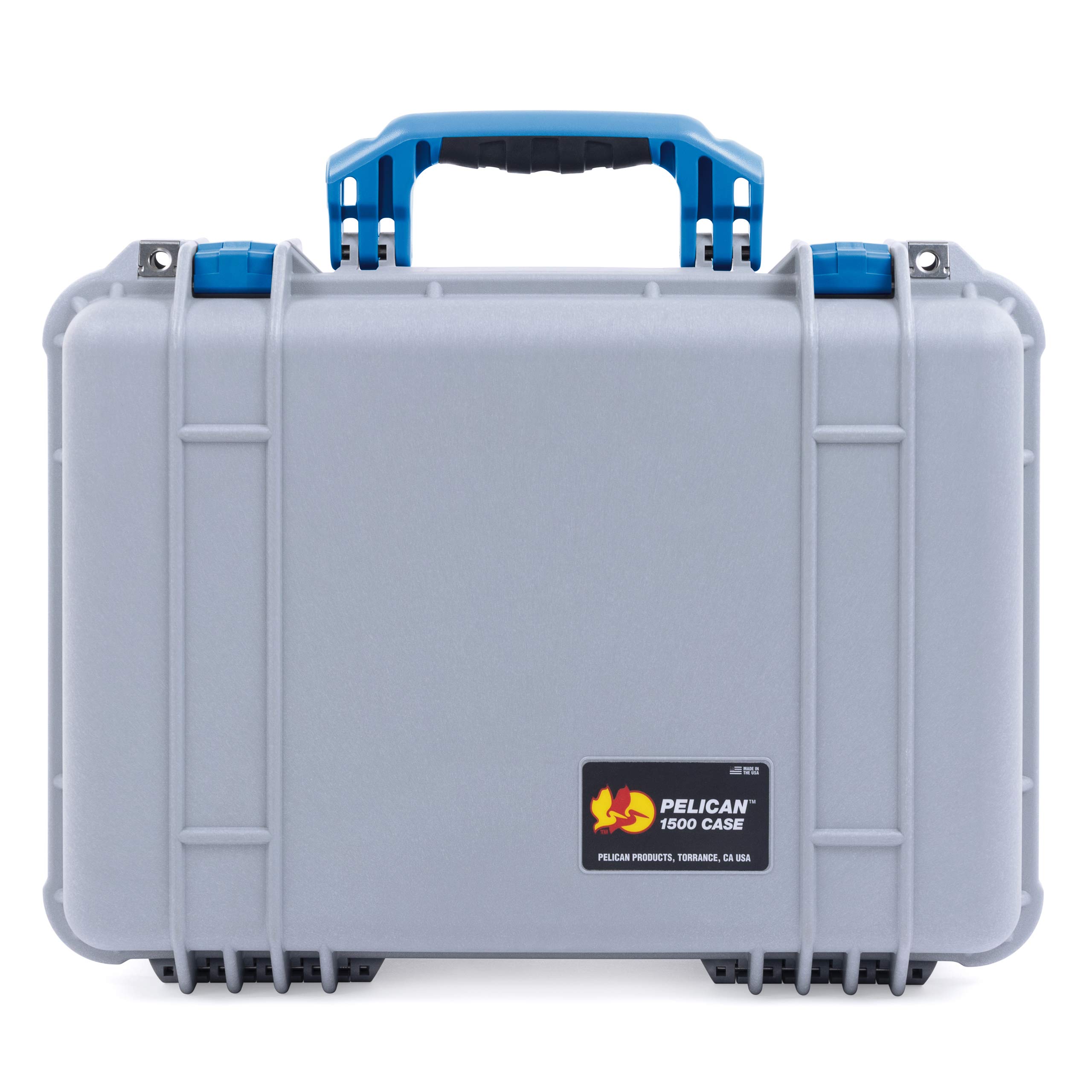 ColorCase Pelican 1500 Case Silver - Medium Size Waterproof Case with Gray Divider & Mesh Lid Organizer - Blue Handles & Latches