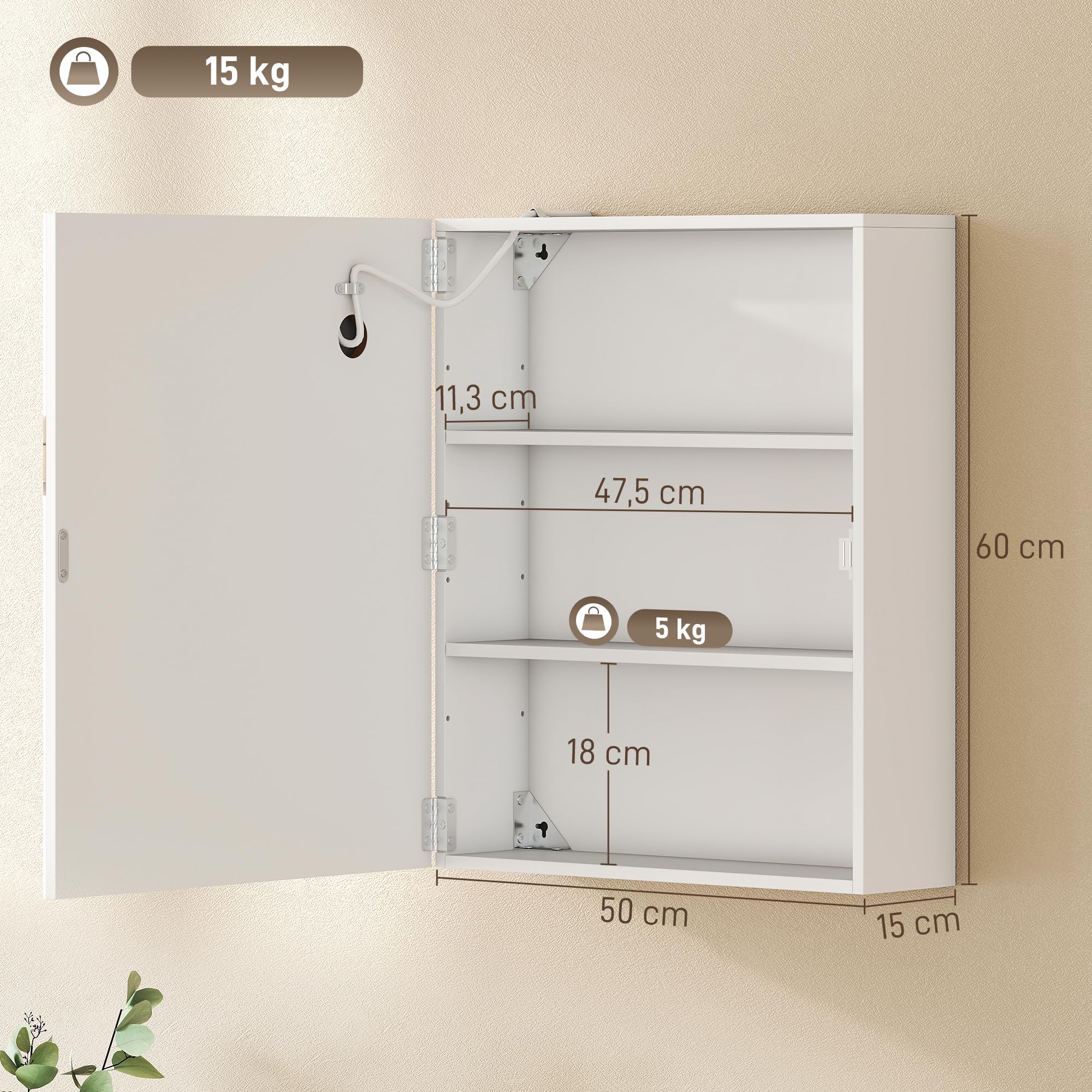 HOMCOM Armoire Murale Salle de Bain avec Miroir et éclairage LED, 50 x 15 x 60 cm, Meuble Salle de Bain avec Anti-buée, étagères réglables, 3 températures de lumière, Interrupteur Tactile, Blanc