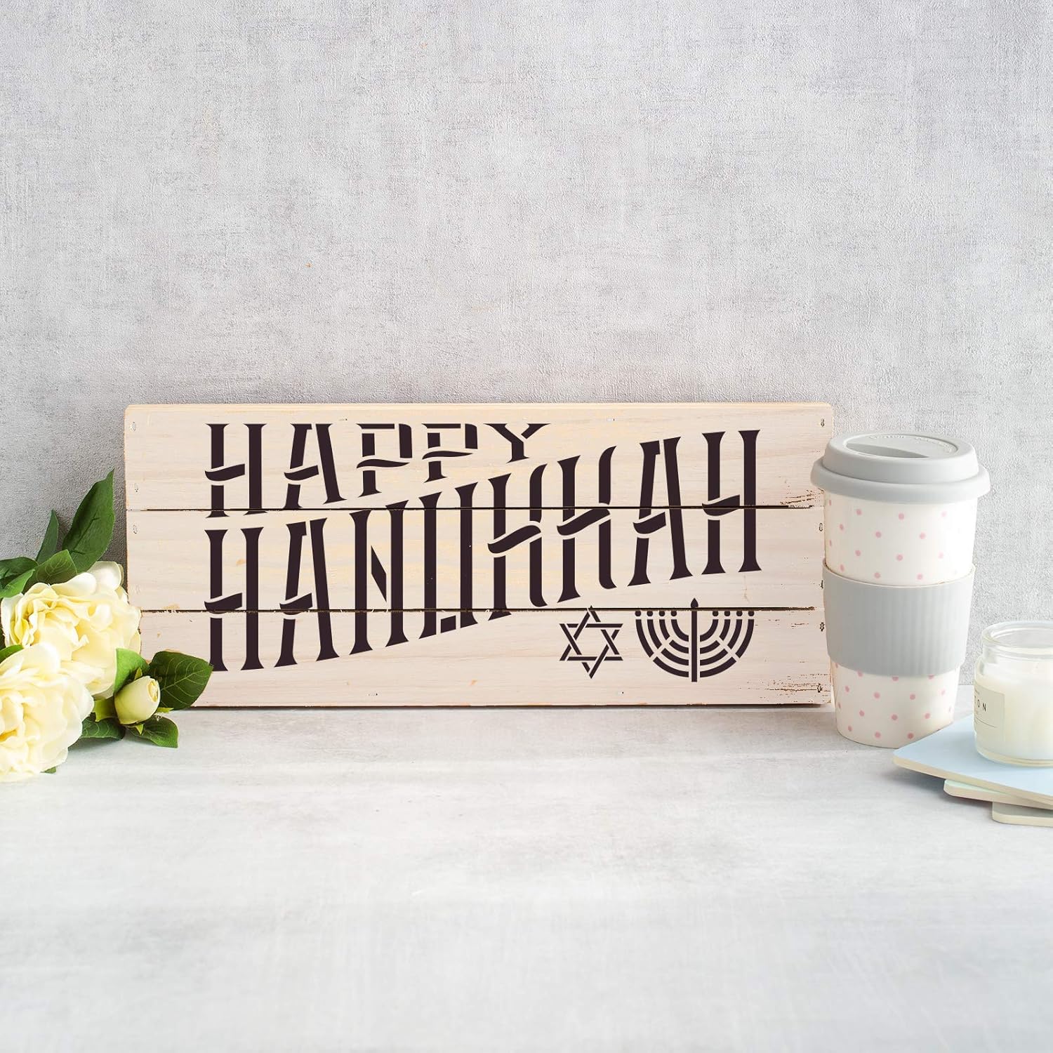 Happy Hanukkah Sign Stencil - Judaism Stencil, Durable Stencils for Making Traditional Jewish Decorations, Holiday Stencil