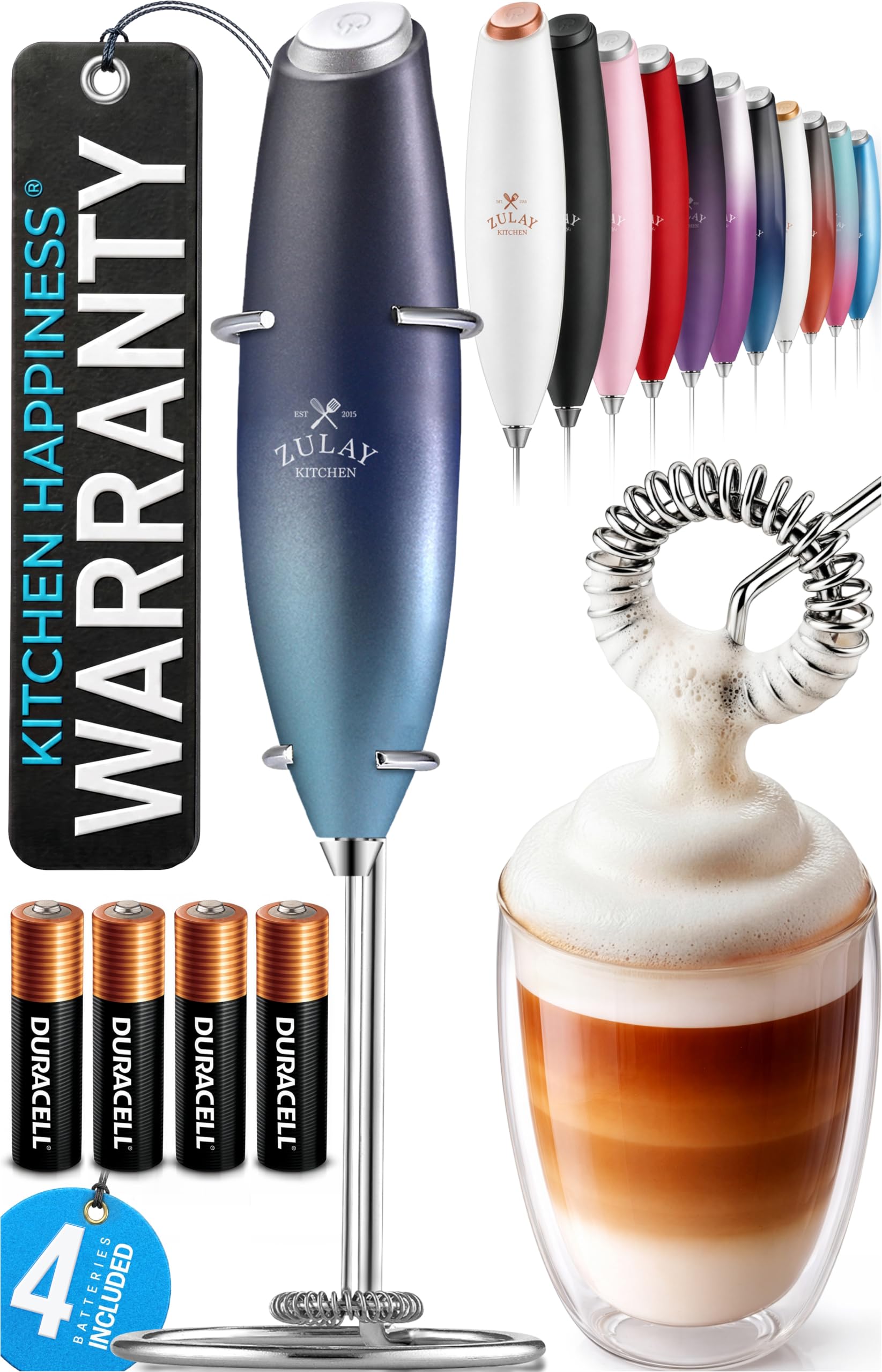 Zulay Kitchen Powerful Milk Frother Wand With Duracell Batteries - Ultra Fast Handheld Drink Mixer - Electric Whisk Foam Maker for Coffee, Lattes, Cappuccino &amp; Matcha - Z1 Motor - Deep Sea