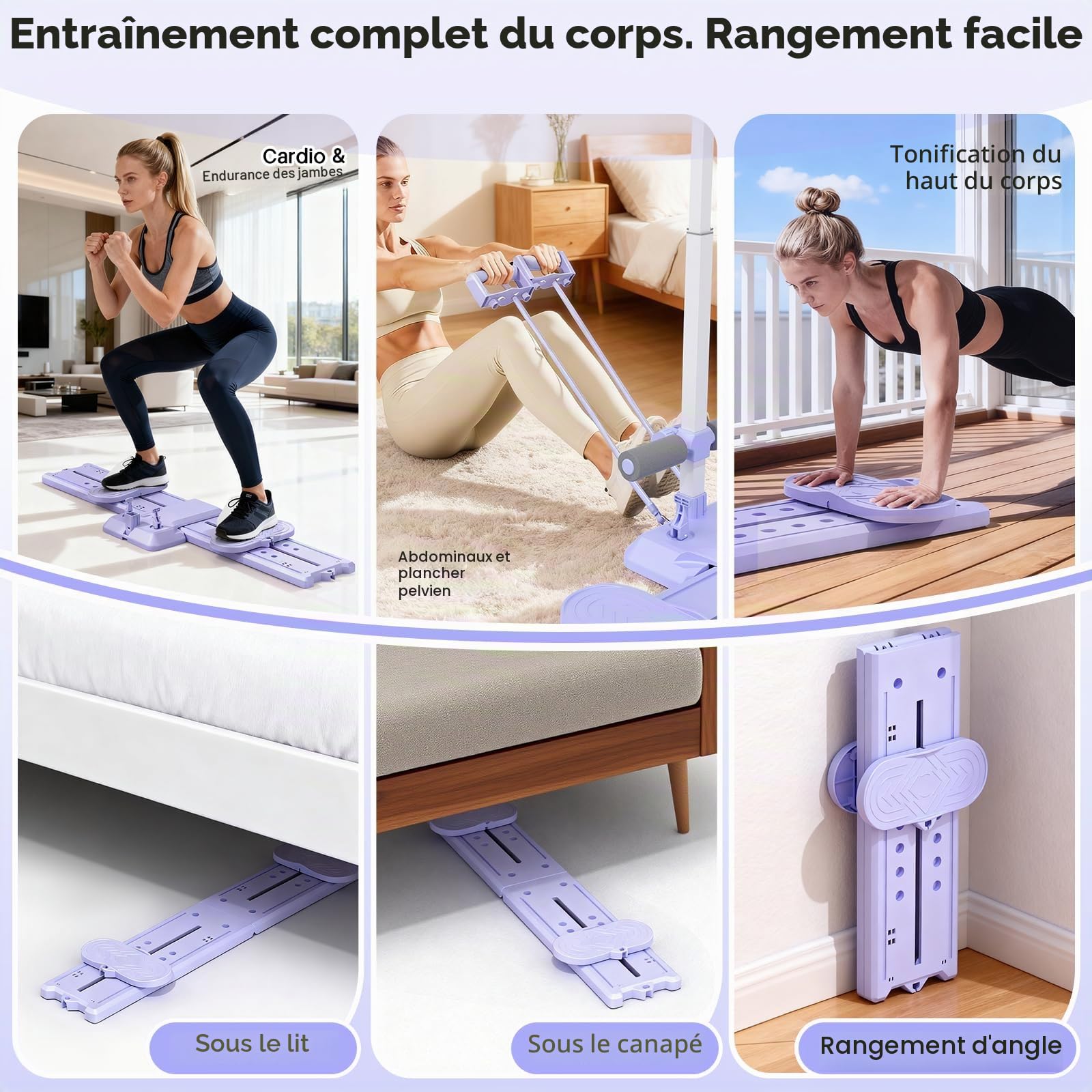 Kit Pilates Reformer, Machine à Ski 5 en 1, Planche de Pilate Pliable, Appareil Abdominaux, Push up Board, Poignées Amovibles avec Support Téléphone, pour le Renforcement du Core, Fessiers, Bras