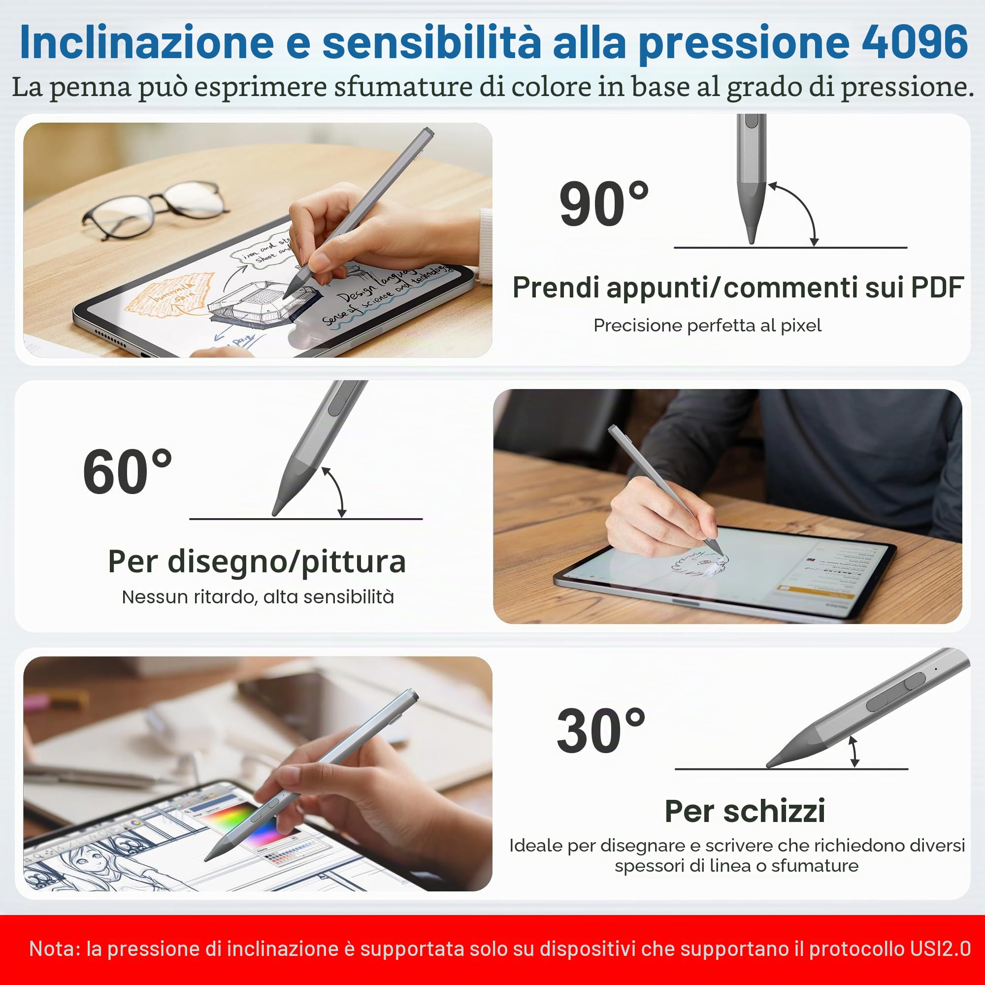 Penna stilo USI 2.0 per Chromebook, 4096 sensibilità alla pressione Penna stilo USI per Amazon Fire Max 11, Lenovo Chromebook Duet, Acer chromebook Spin314, HP, Google Pixel Tablet Stylus