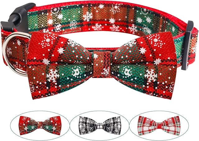 Christmas Bow Tie Dog Collar, Funow Adjustable Dog Cat Collar and Bow Tie, Durable Buckle Light Collar Comfy Bowtie for Small Medium Large Dogs Pets Best Gift Comfortable Detachable S Green