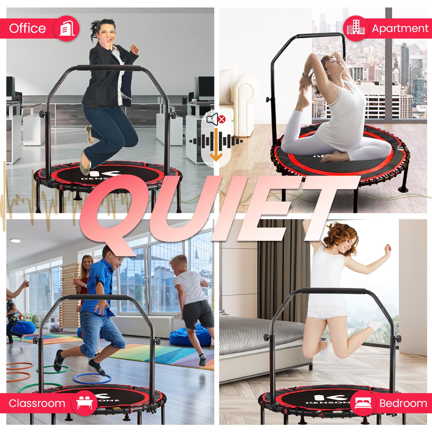 K KENSONE 40/48 Zoll Faltbares Rebounder Trampolin für Erwachsene mit Bungee, 450/250 kg leises Indoor-Mini-Trampolin für Erwachsene, Fitness, Fitnessstudio, Heimübung