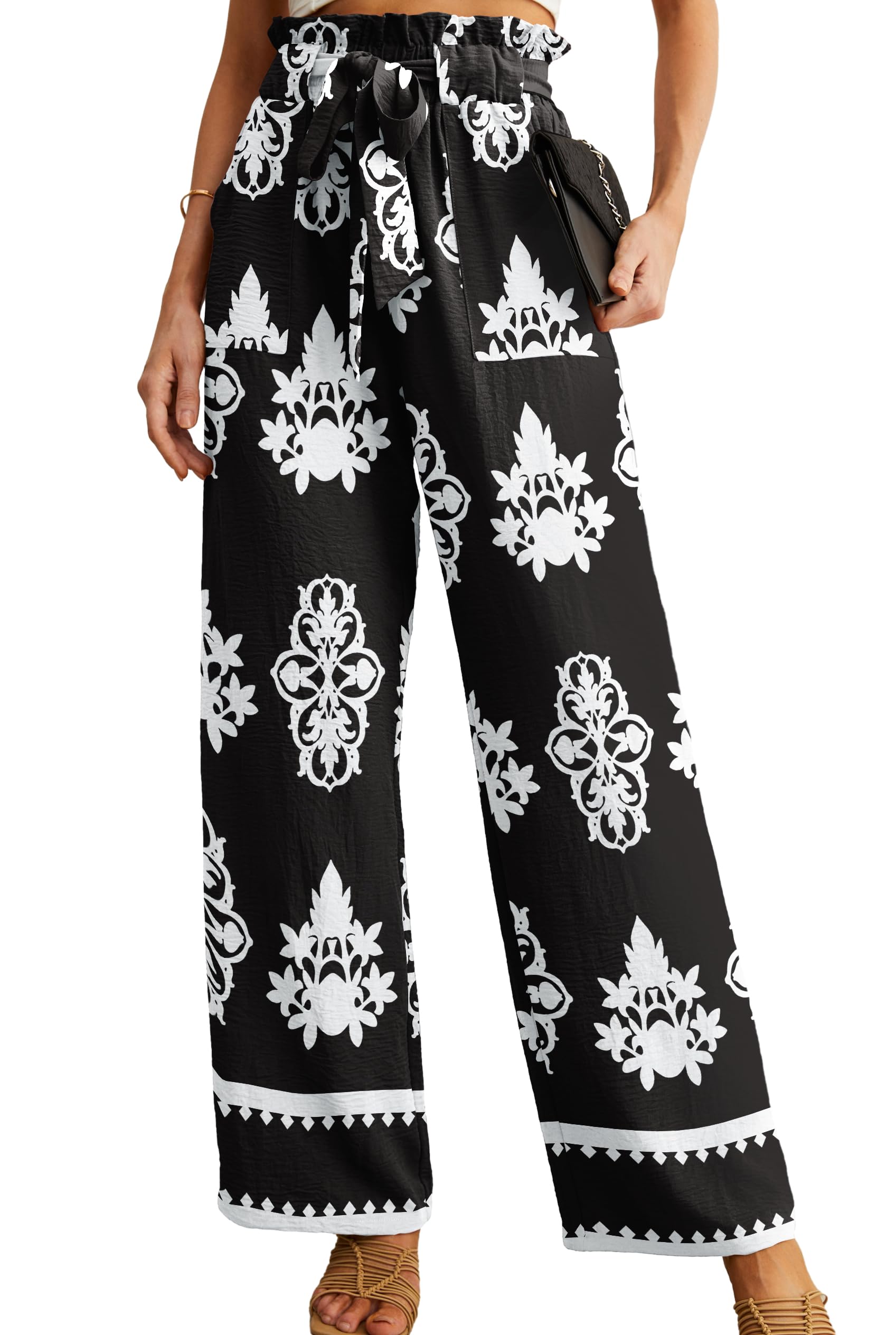 IWOLLENCE Women's Wide Leg Pants with Pockets High Waist Adjustable Knot Loose Casual Trousers Business Work Casual Pants