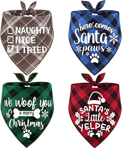 Paquete de 4 bufandas navideñas para perros, bandanas triangulares a cuadros para perros y gatos pequeños a grandes, juego de regalo de accesorios