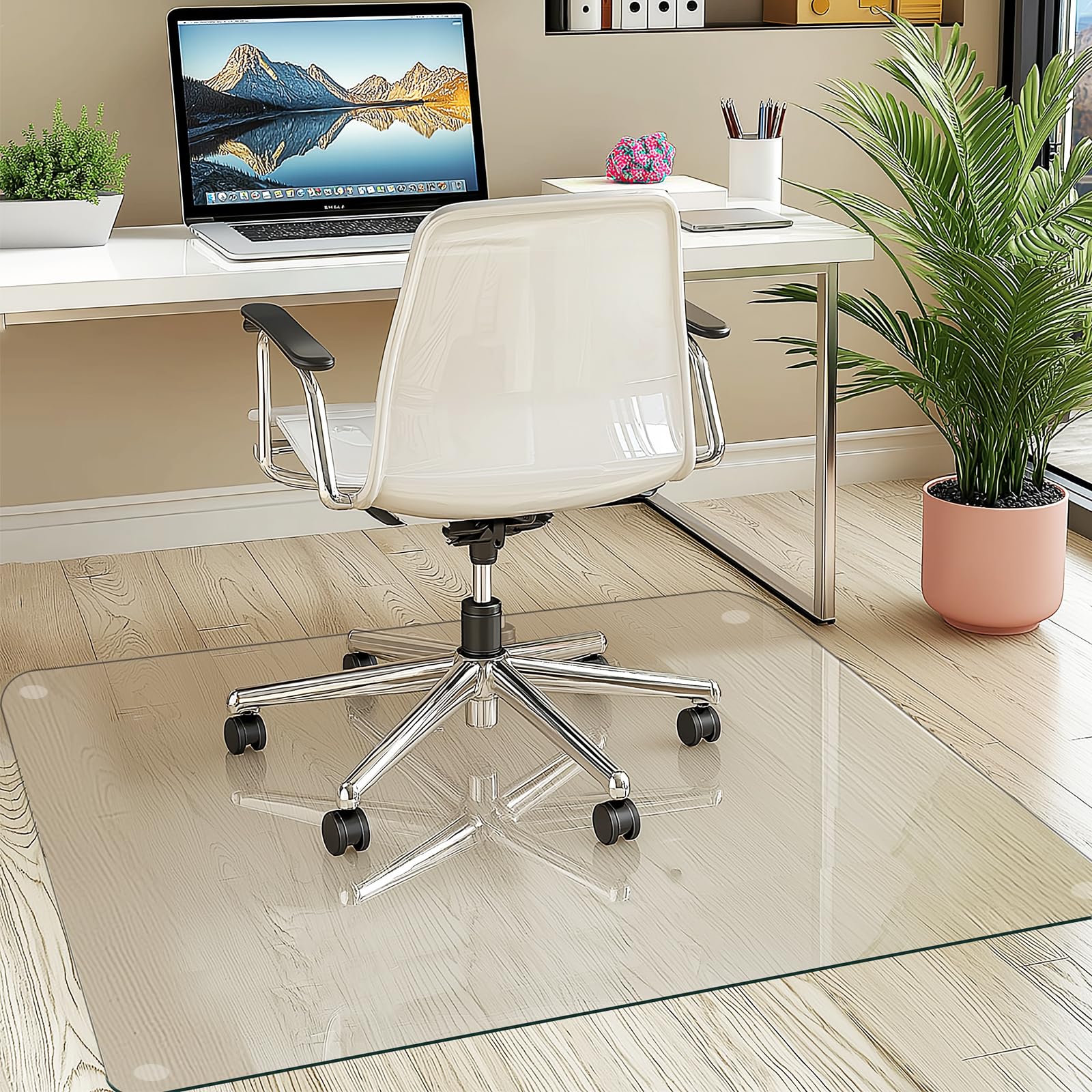 55x46 Tempered Glass Chair Mat Heavy Duty Glass Office Floor Mat for Carpet or Hardwood Floors with Non-Slip